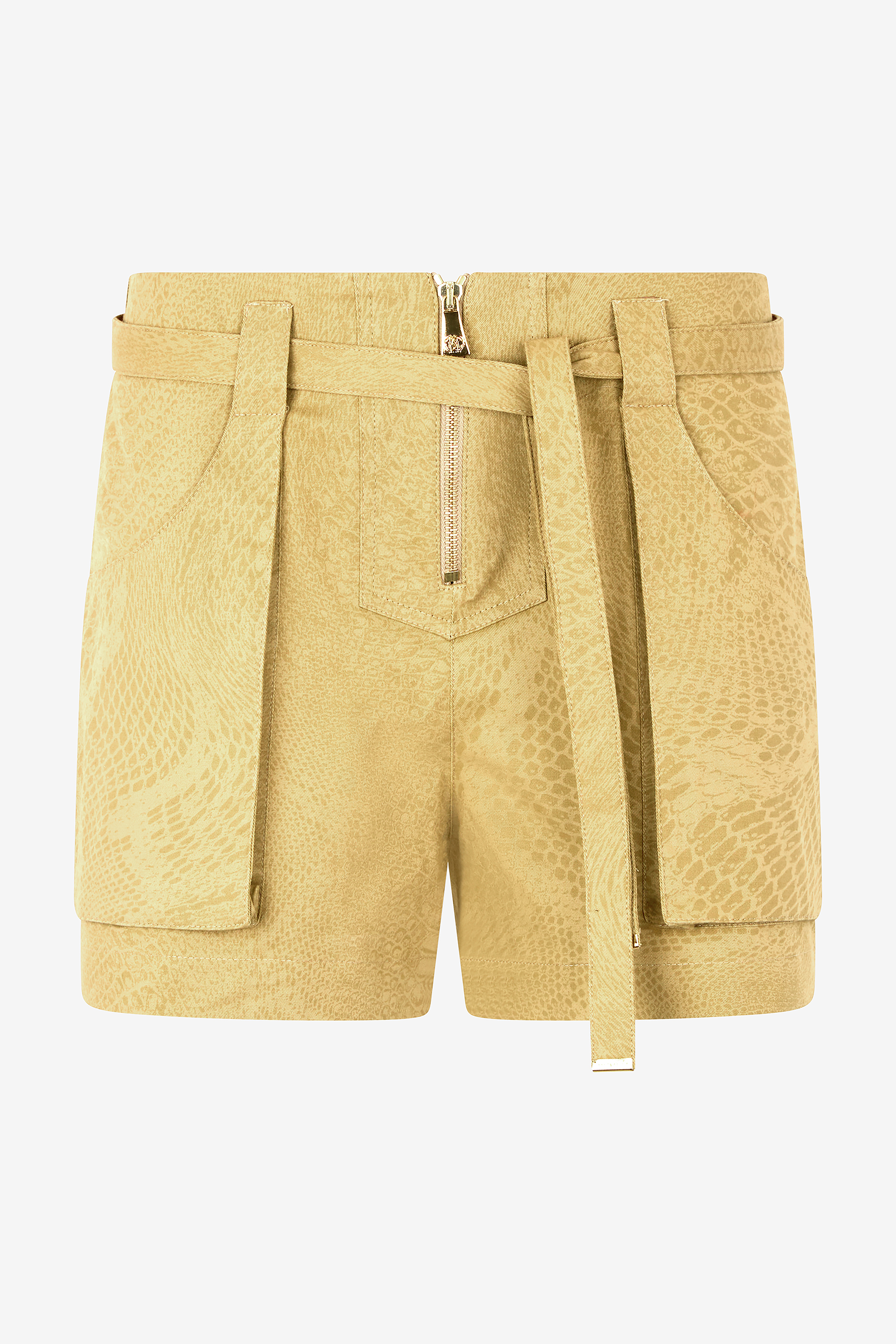 Roberto Cavalli Belted Shorts With Python Print In Kaki