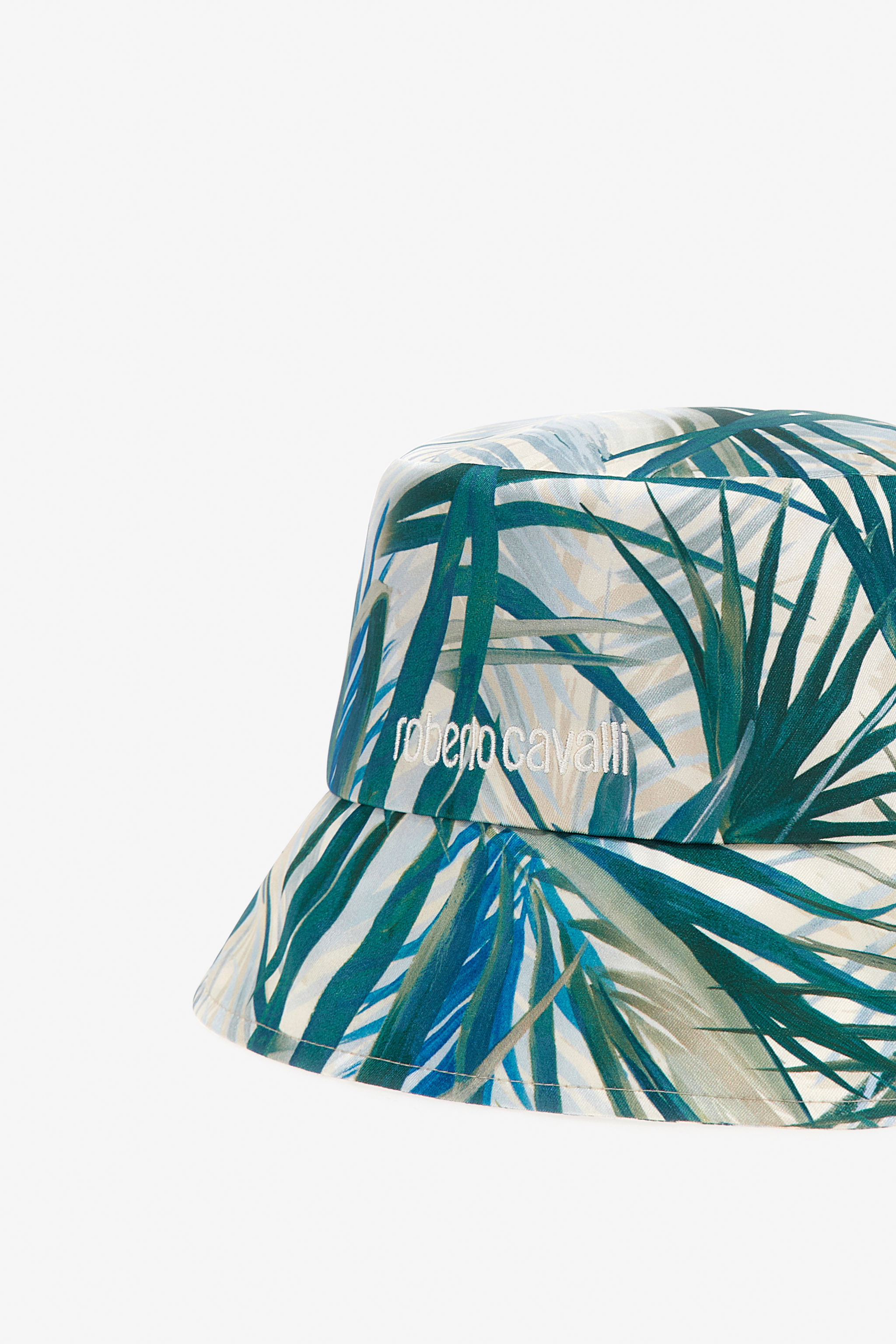 Roberto Cavalli Palm-print Embroidered-logo Bucket Hat In Green
