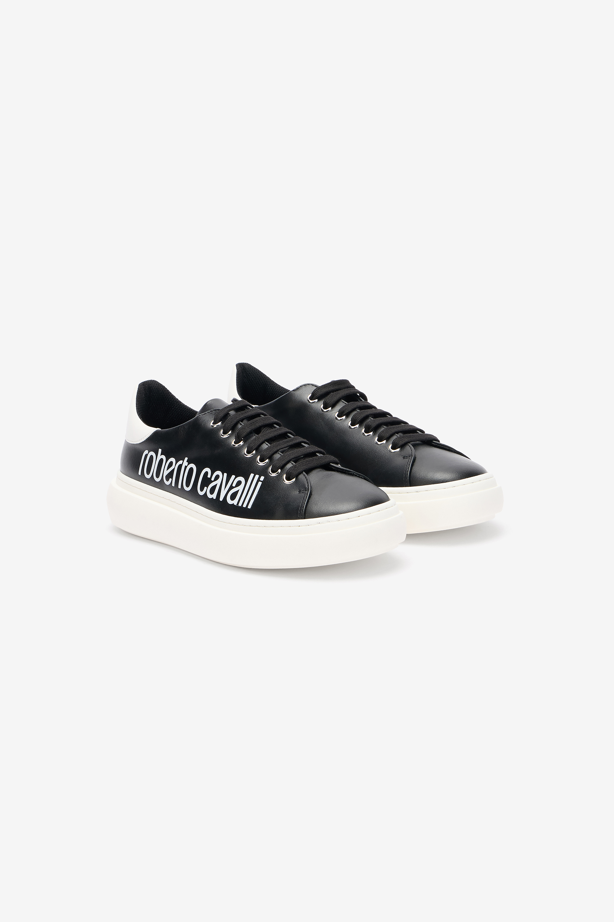 Black Leather Sneaker With Logo in BLACK/WHITE for Women | Roberto