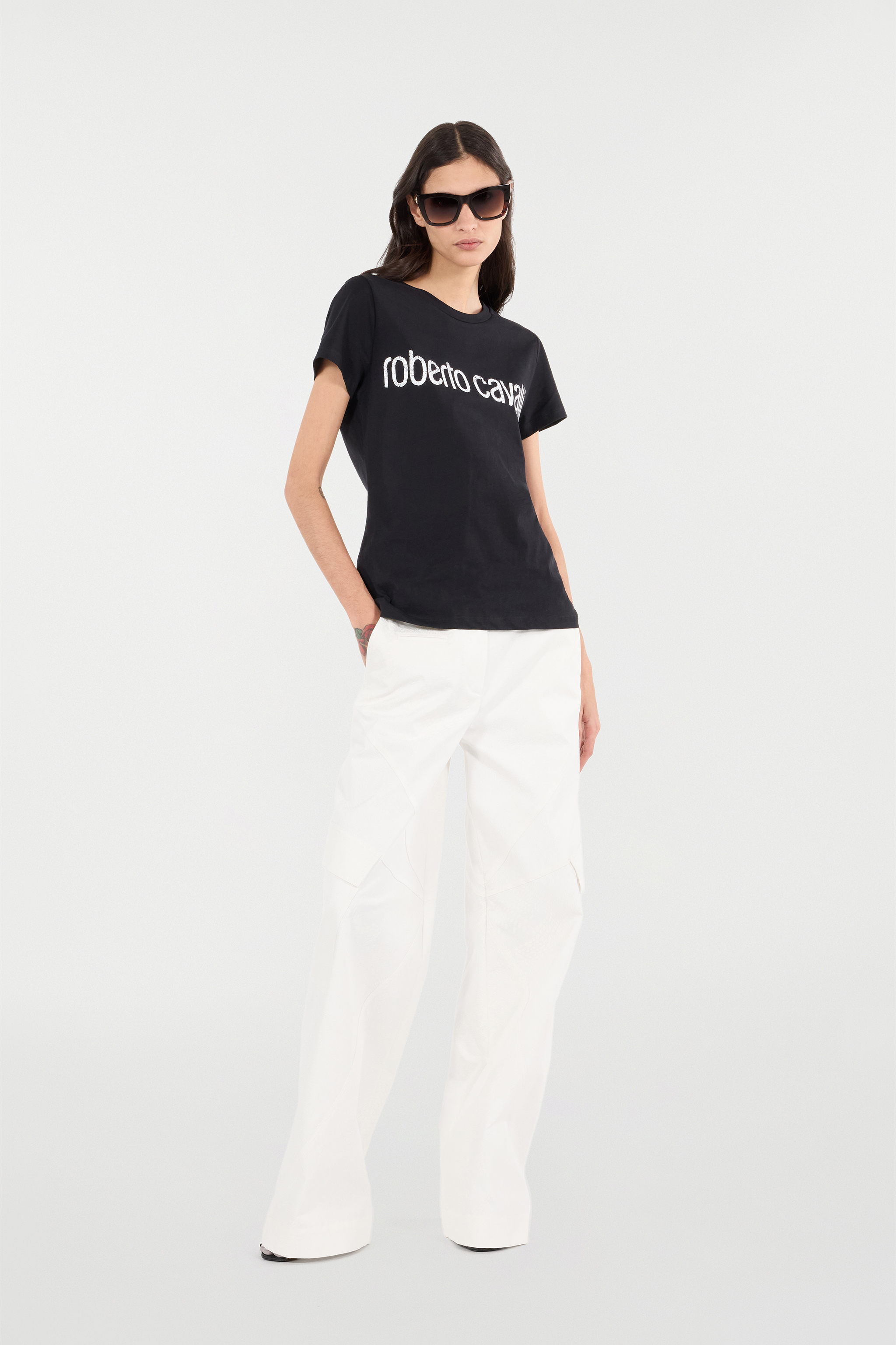 Roberto Cavalli Stretch Cotton Pants With Python Print In Ivory