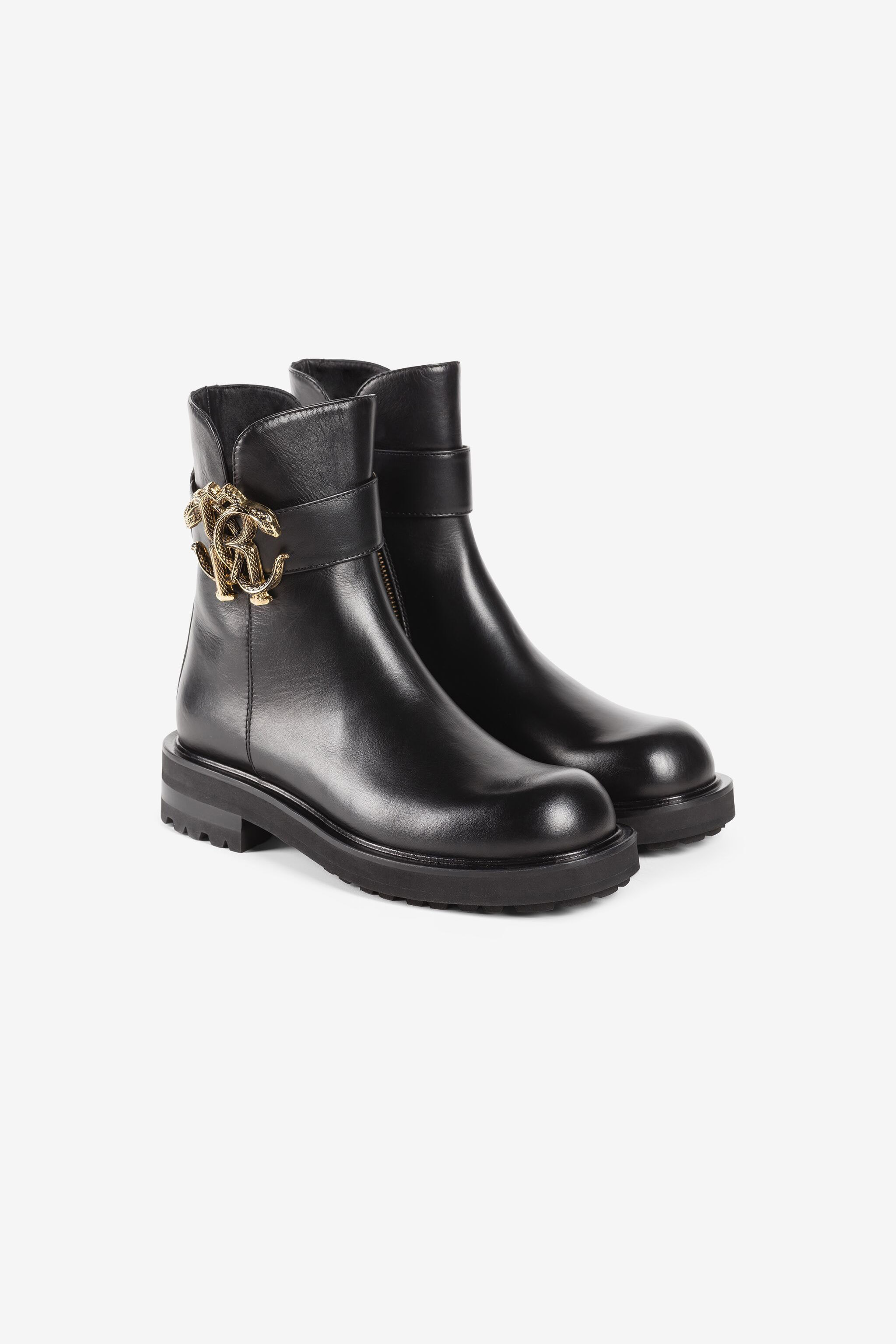 Logo-plaque leather boots in Black for Women | Roberto Cavalli®
