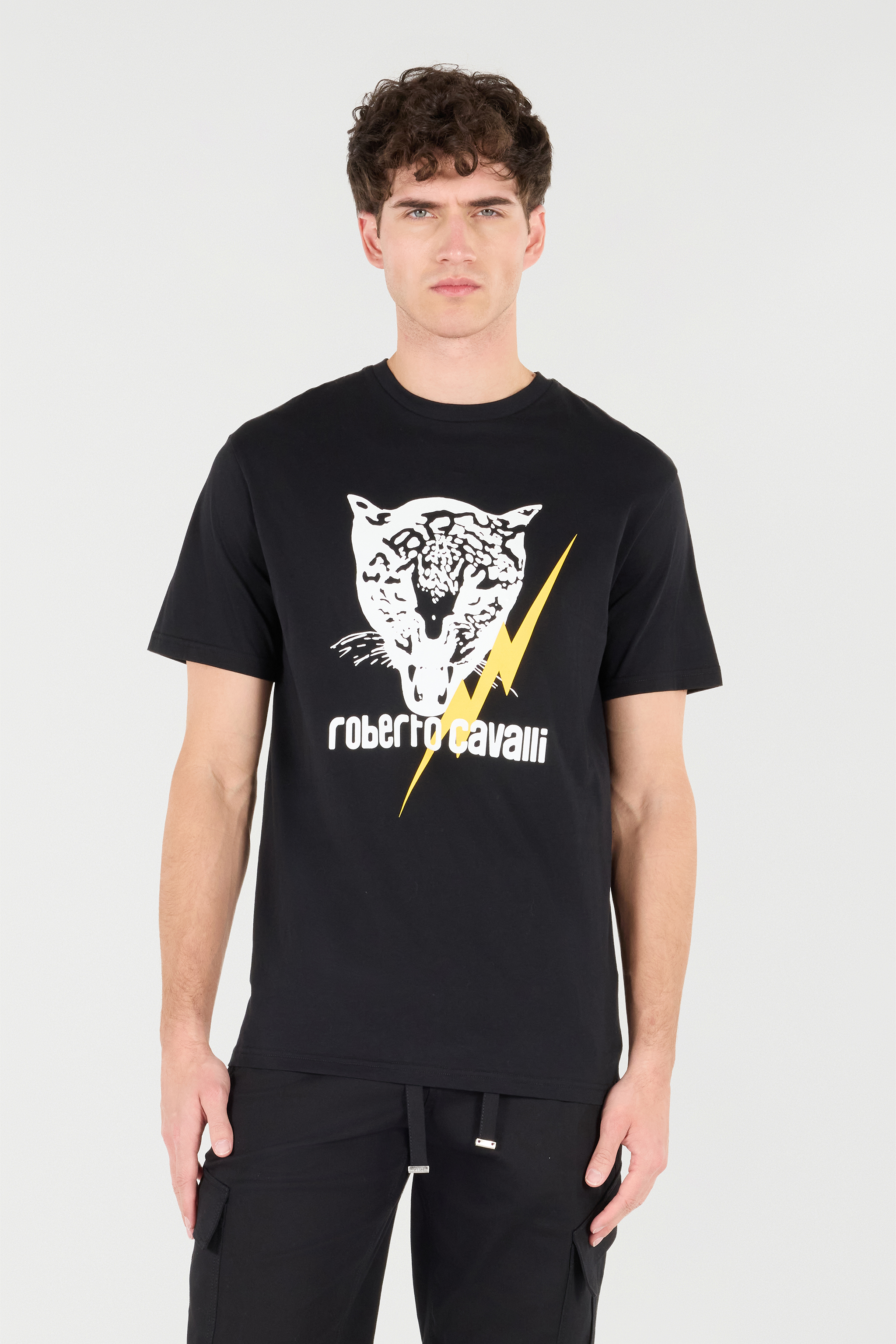 Roberto Cavalli T-shirt With Lightning Bolt And Jaguar In Black