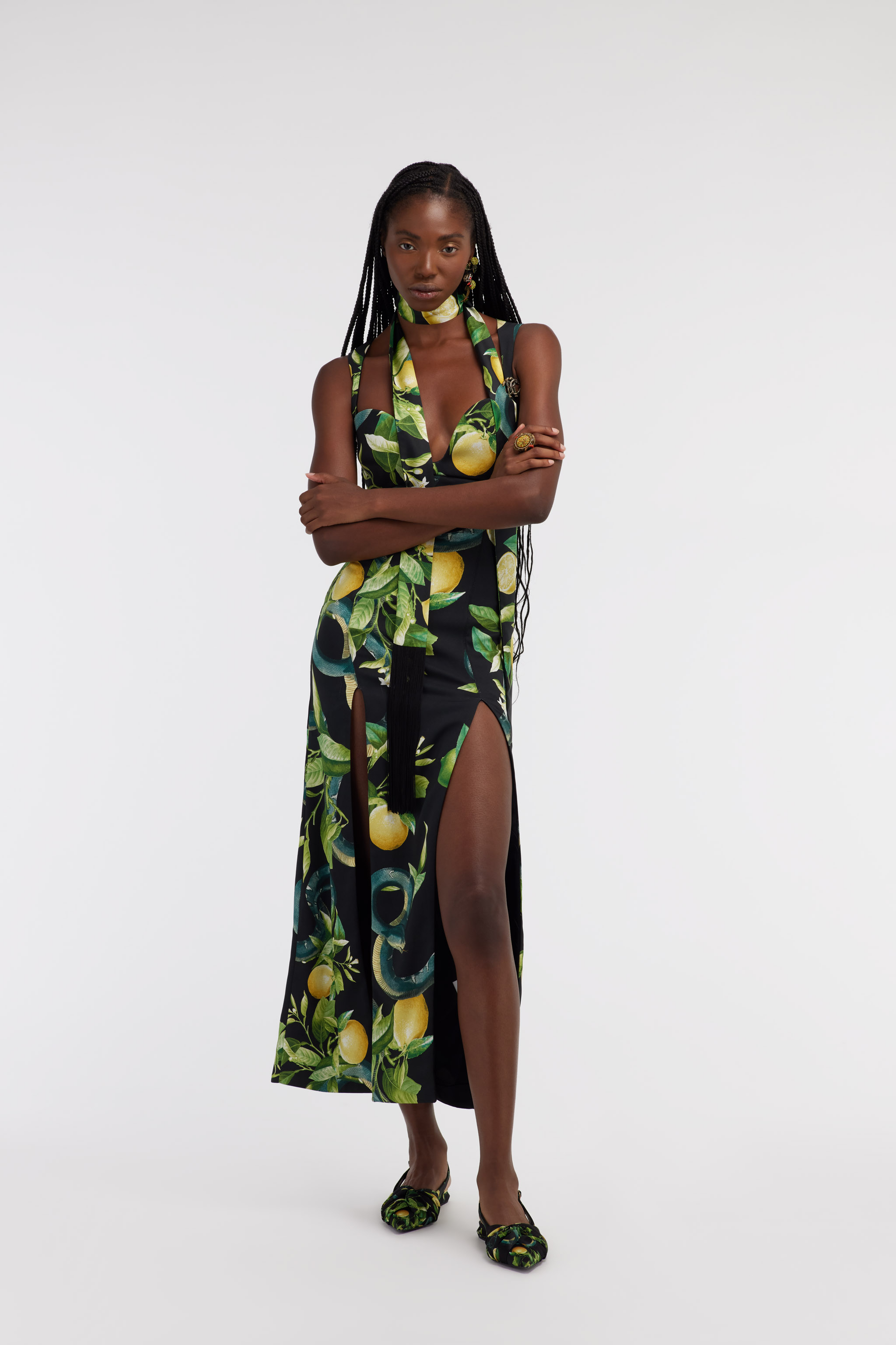 ROBERTO CAVALLI MIDI DRESS WITH LEMON PRINT