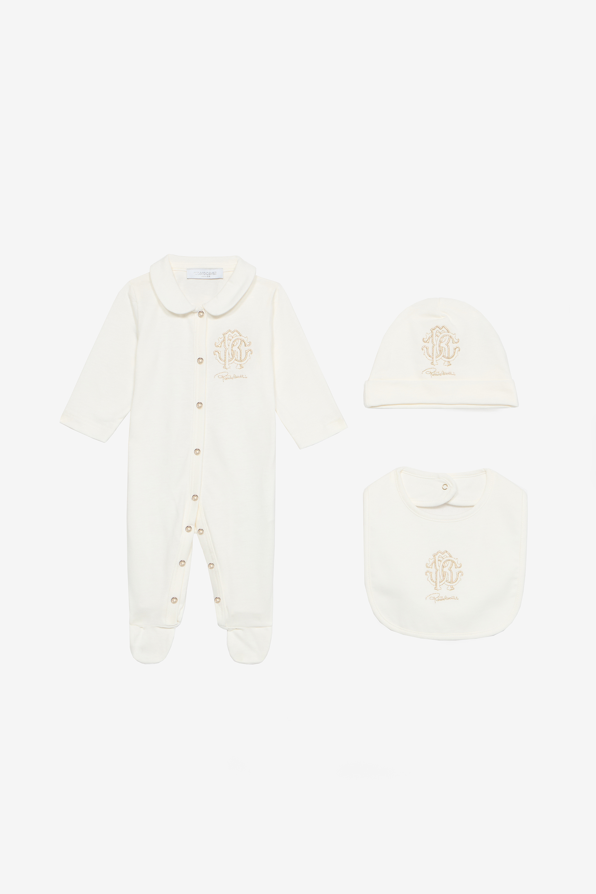 Roberto Cavalli Kit: Beanie, Bib, And Romper In White