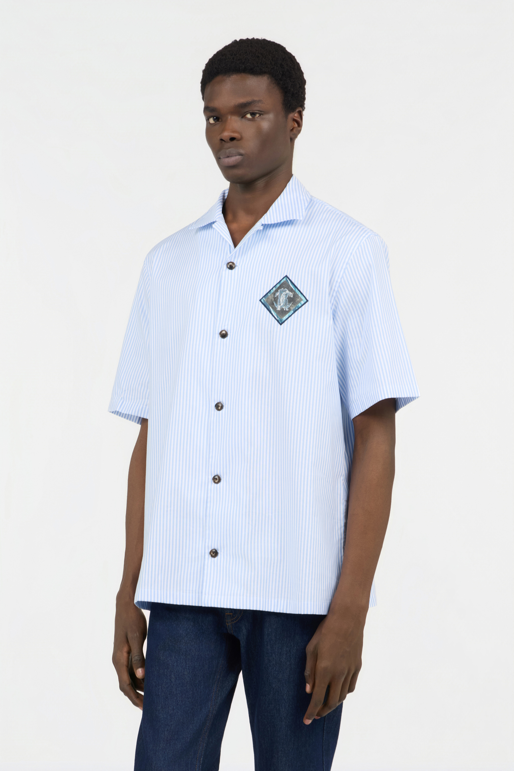  Roberto Cavalli Striped Cotton Shirt With Monogram Rc Patch - Male Ready To Wear White/blue Stripes M 