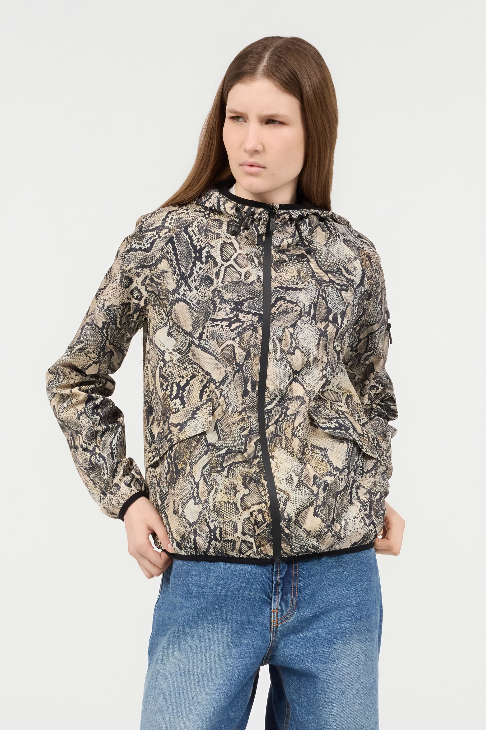 Roberto Cavalli Hooded Jacket With Python Print In Corteccia