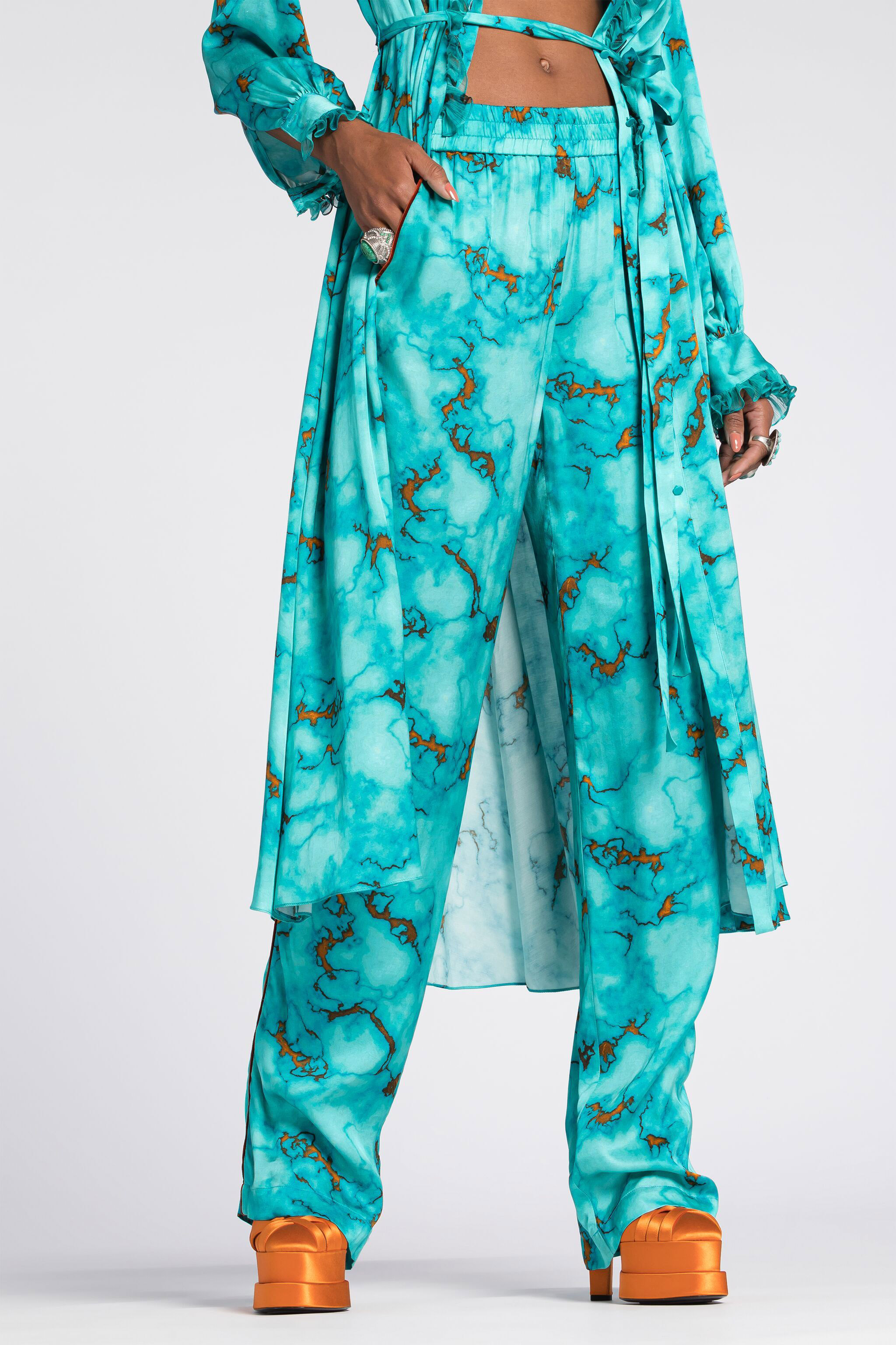 Roberto Cavalli Marble-print Straight-leg Trousers In Light Blue