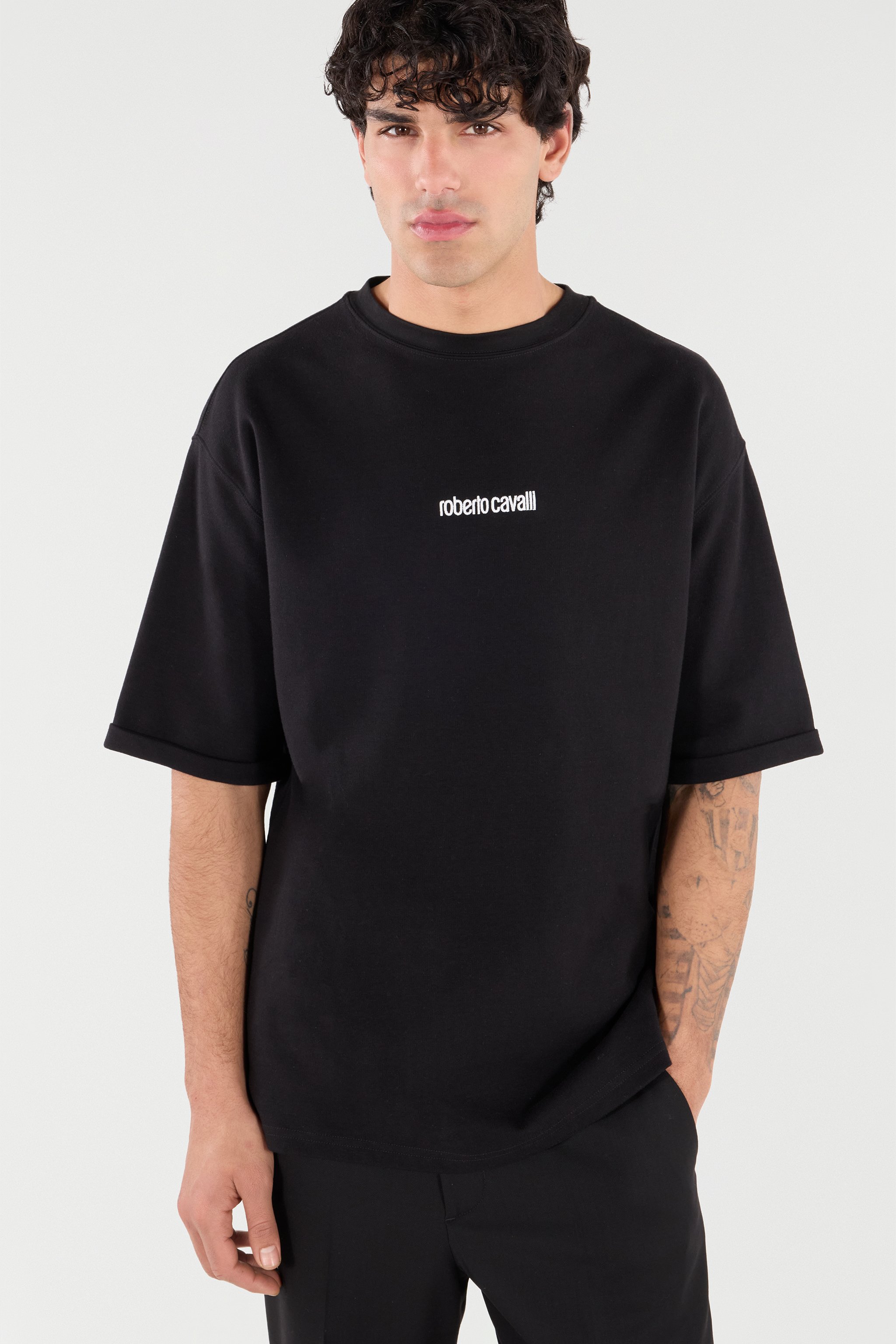 Roberto Cavalli T-shirt With Embroidered Logo In Black