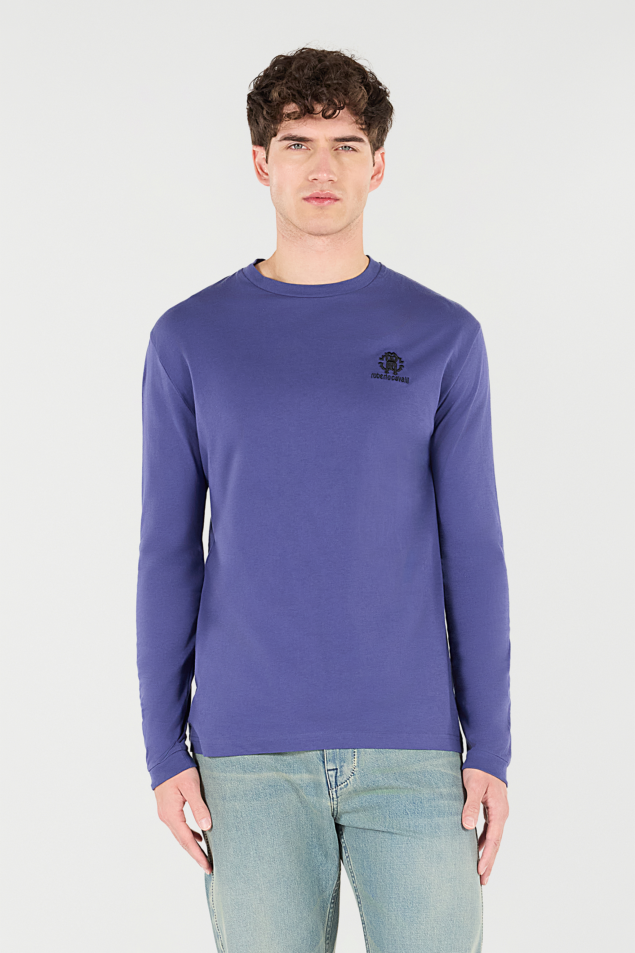 Roberto Cavalli Long-sleeved T-shirt With Monogram Rc In Navy