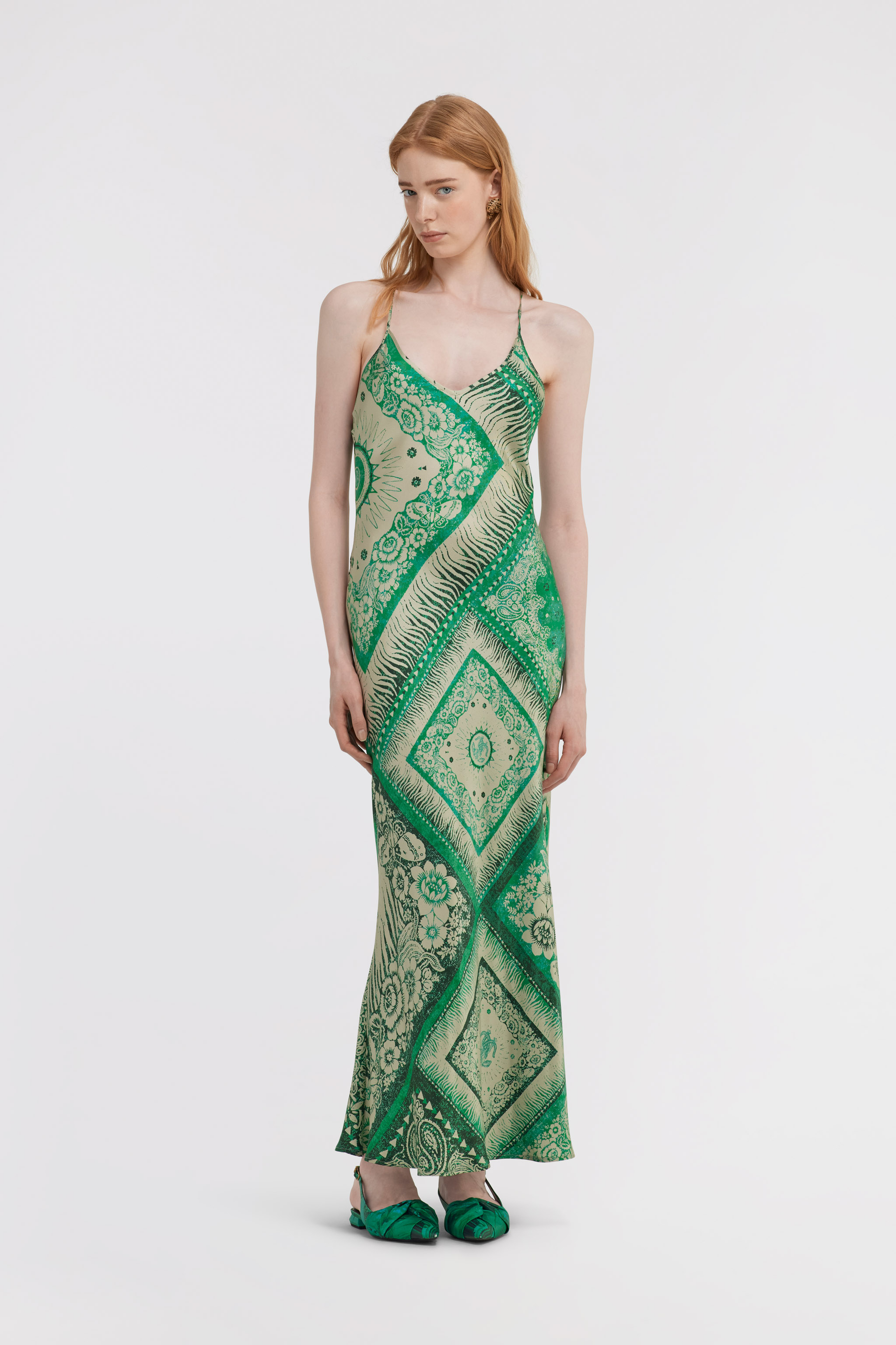 Roberto Cavalli Abstract-print Slip Silk Dress In Green