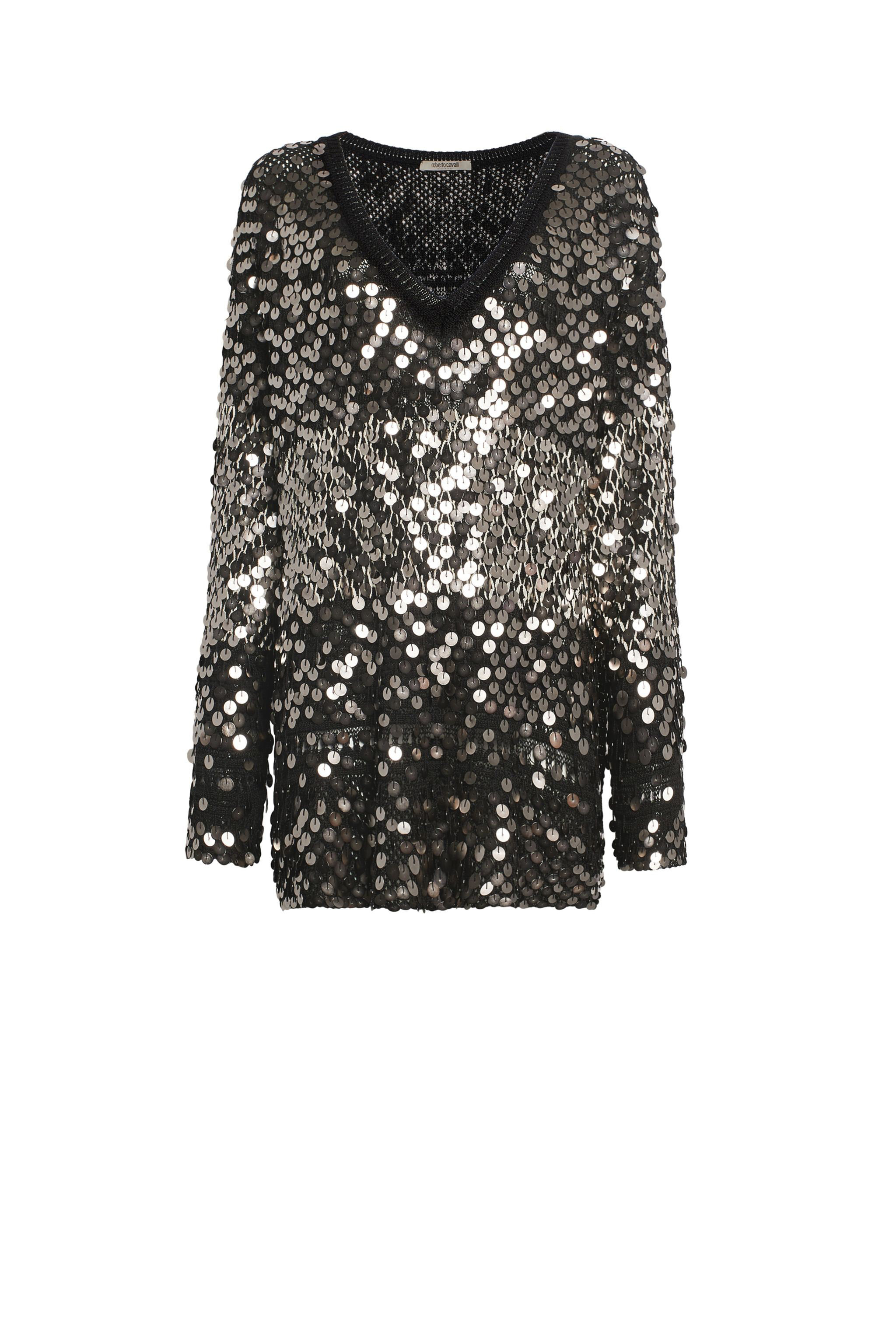 Roberto Cavalli Women's Black/Silver Sequin Embroidered Sweater - Knitwear