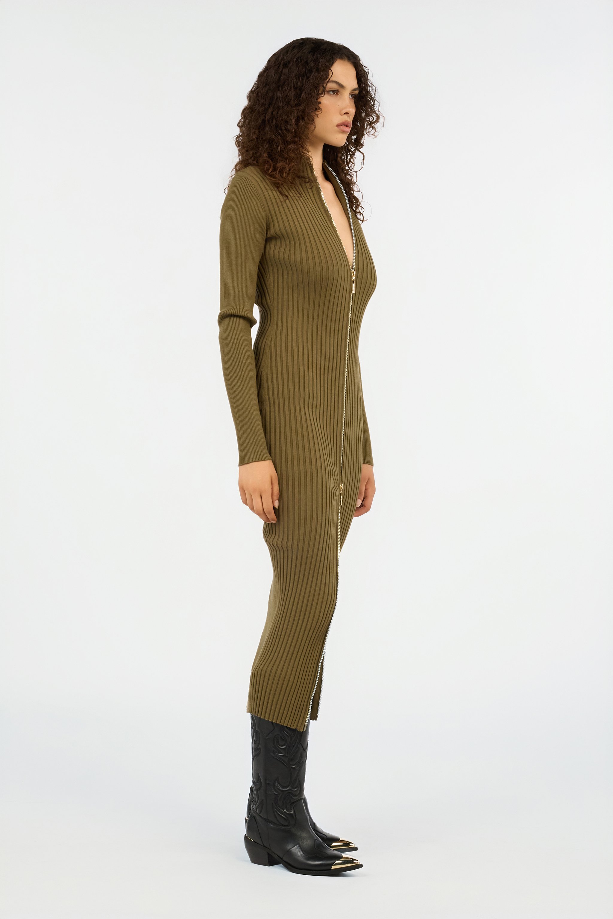 Ribbed-Knit Zip-Front Midi Dress