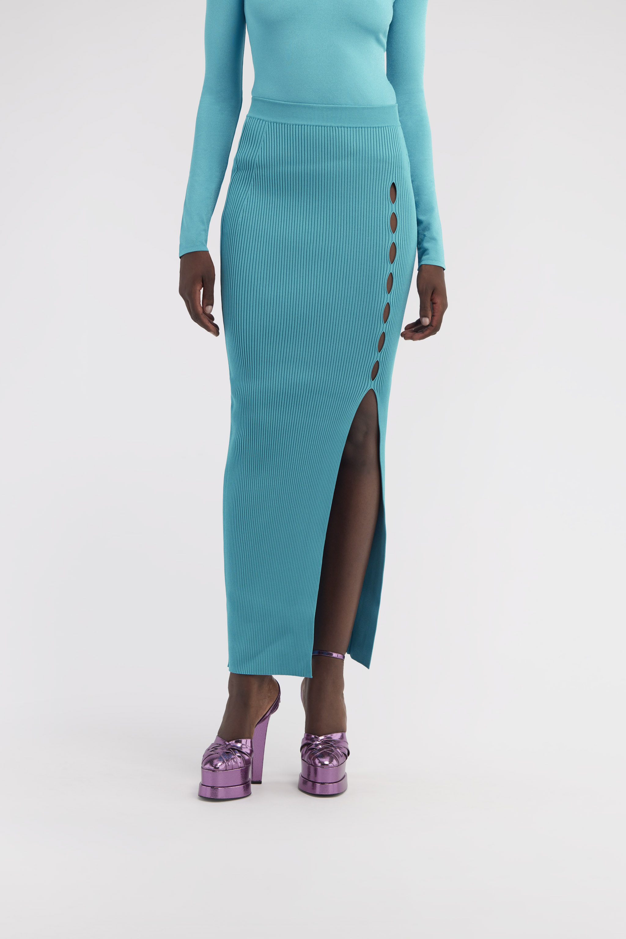 Shop Roberto Cavalli Ribbed Long Skirt With Cut-out In Light Blue