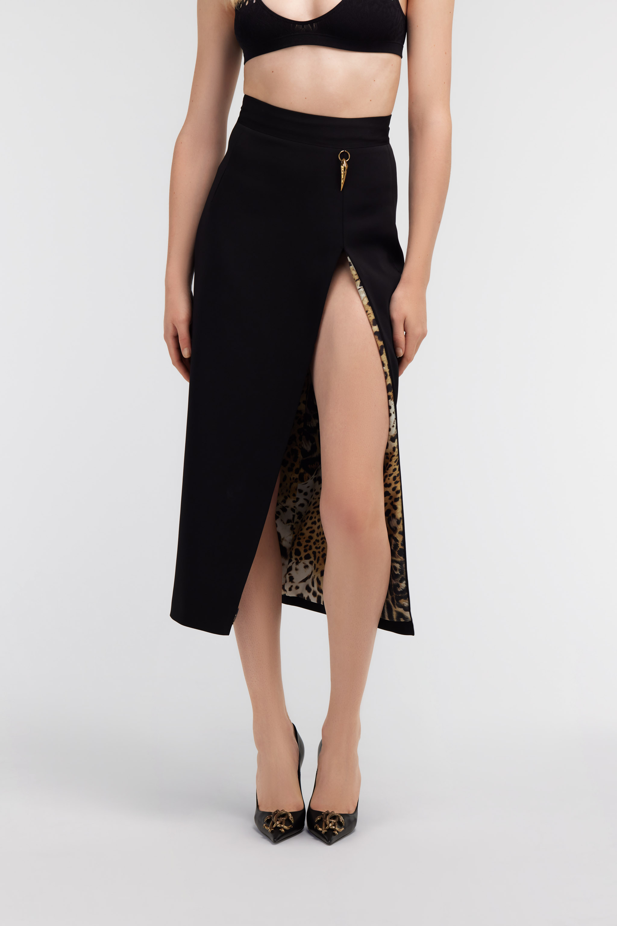Roberto Cavalli Midi Skirt With Slit In Black