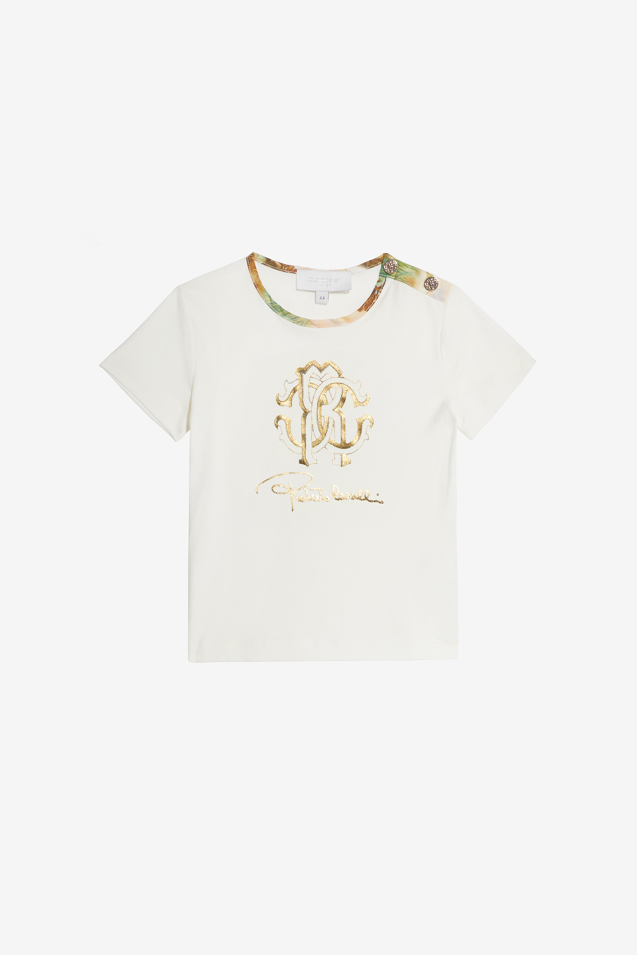 Roberto Cavalli Girls Golden/White T-Shirt With Rc Monogram And Logos - S (4-16Y)