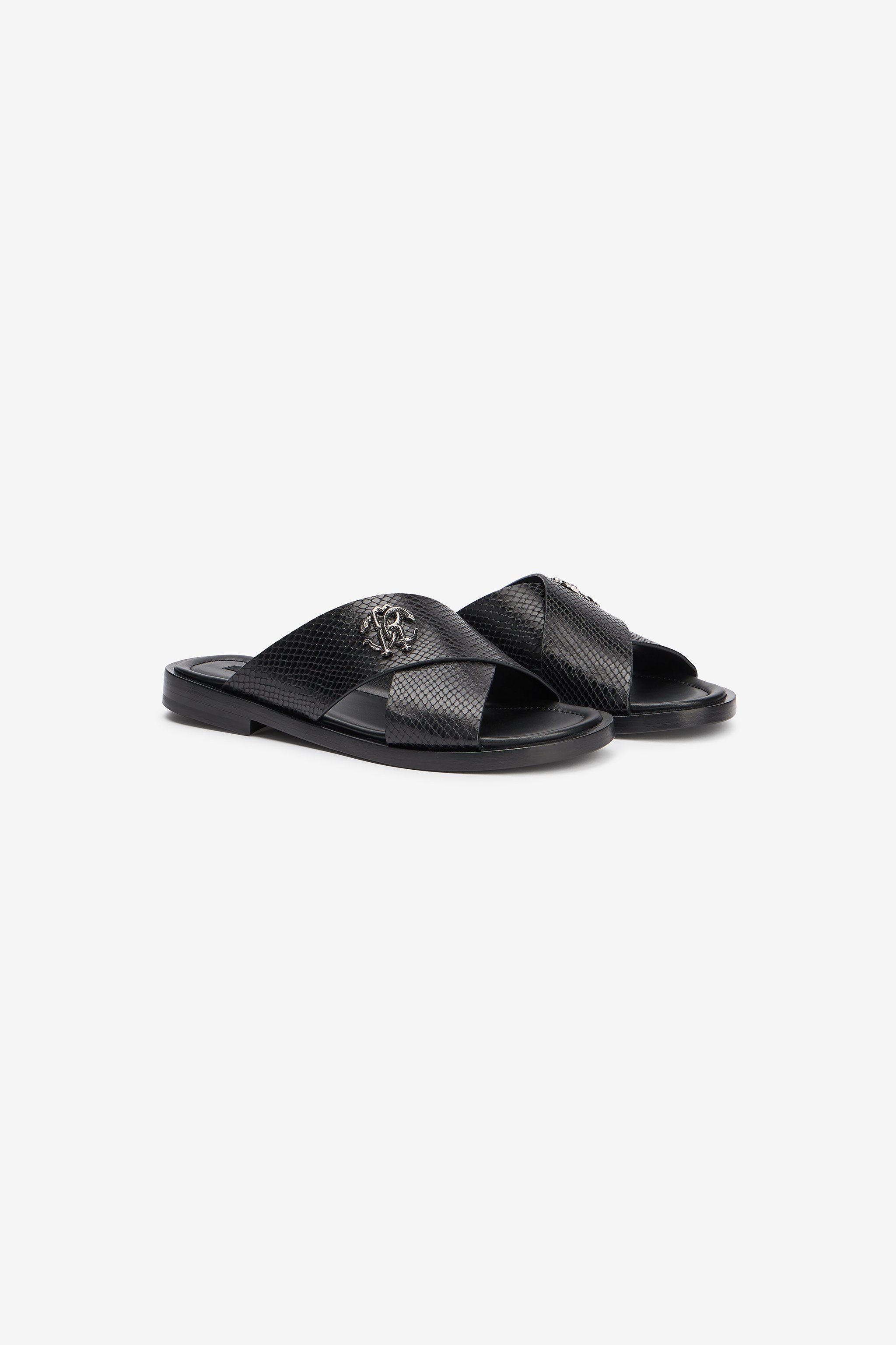 Black Slide Sandals Snake-Effect Leather