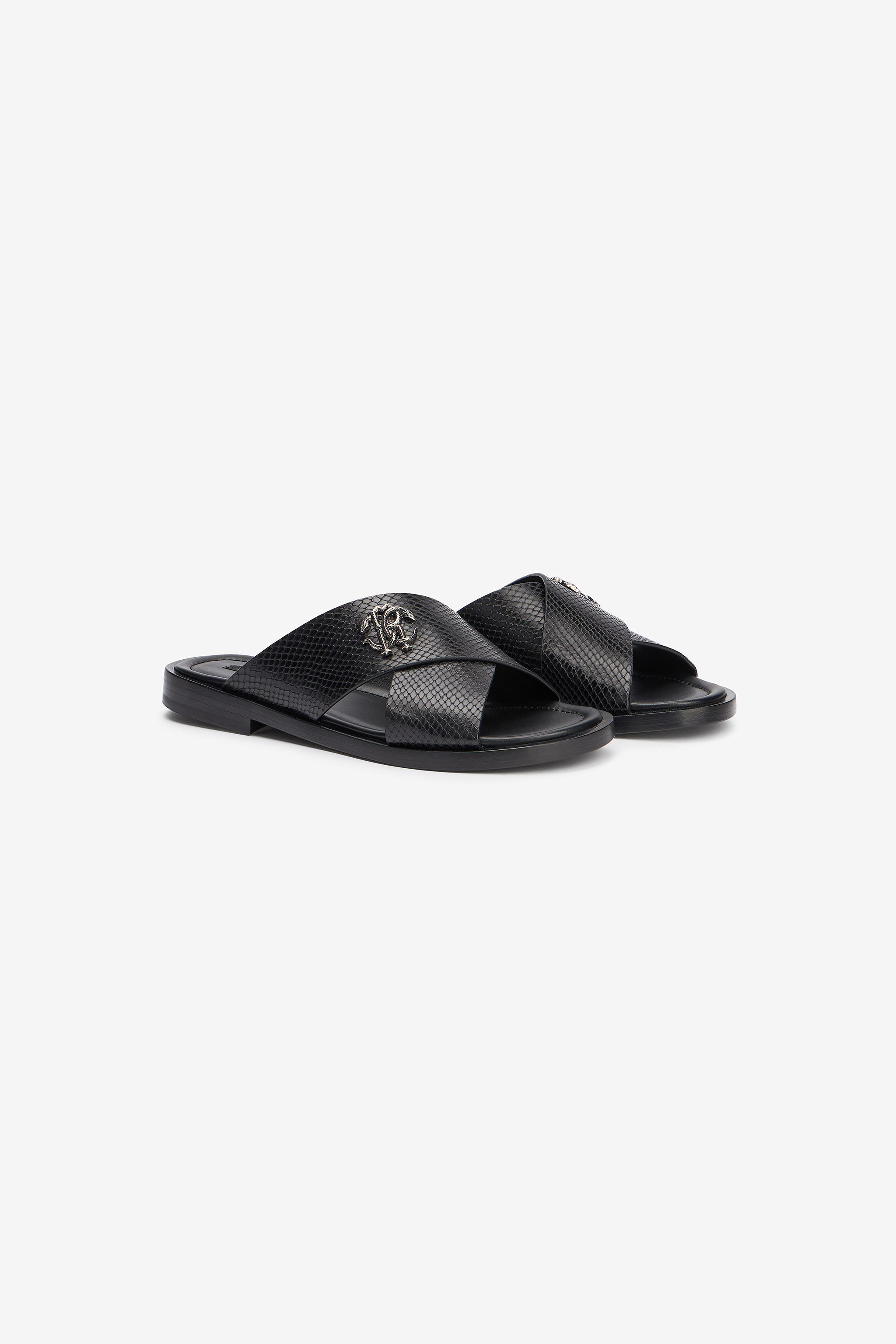 Roberto Cavalli Men's Black Slide Sandals In Snake-Effect Leather - Shoes