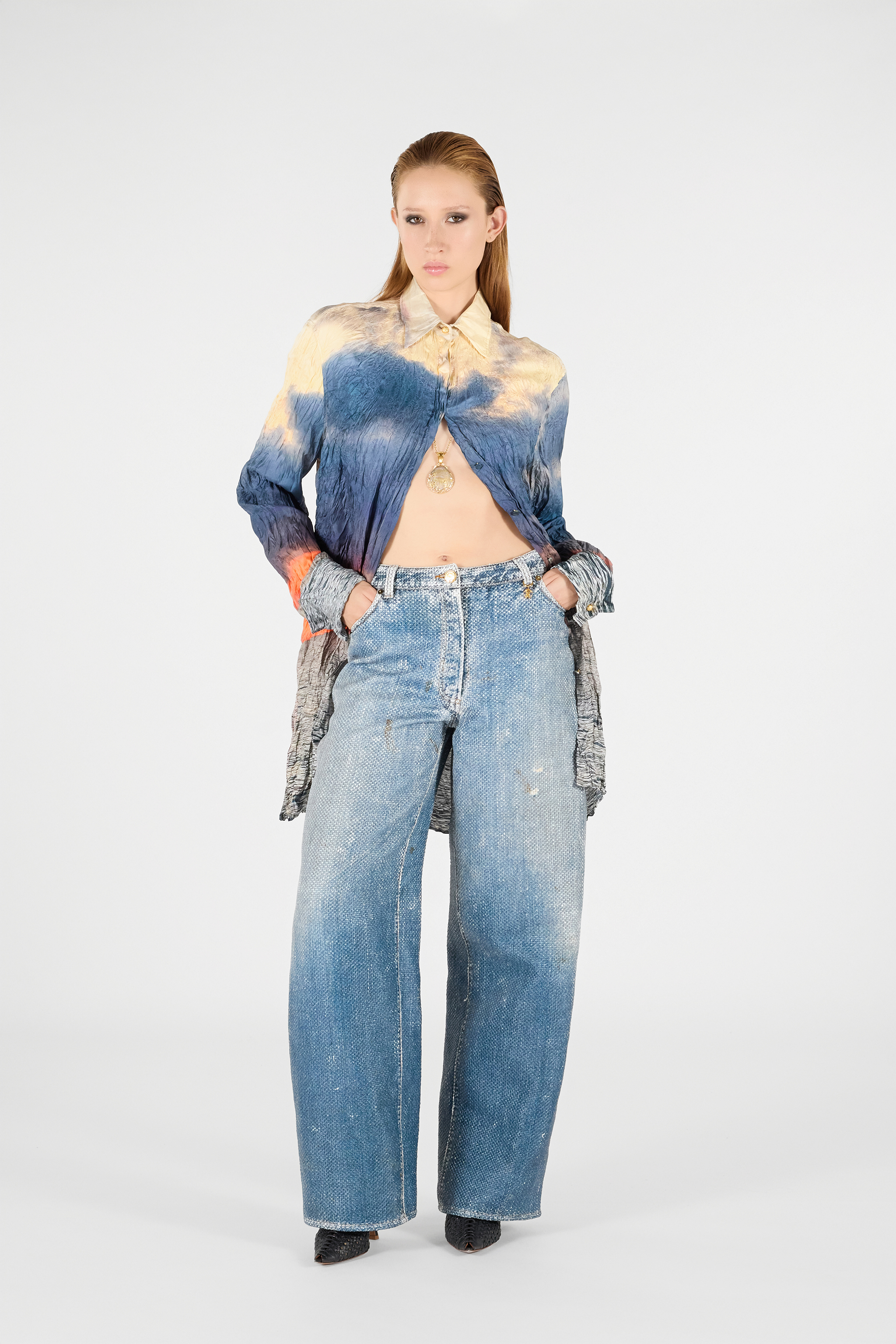 Roberto Cavalli Printed Distressed Shirt In Blue/orange
