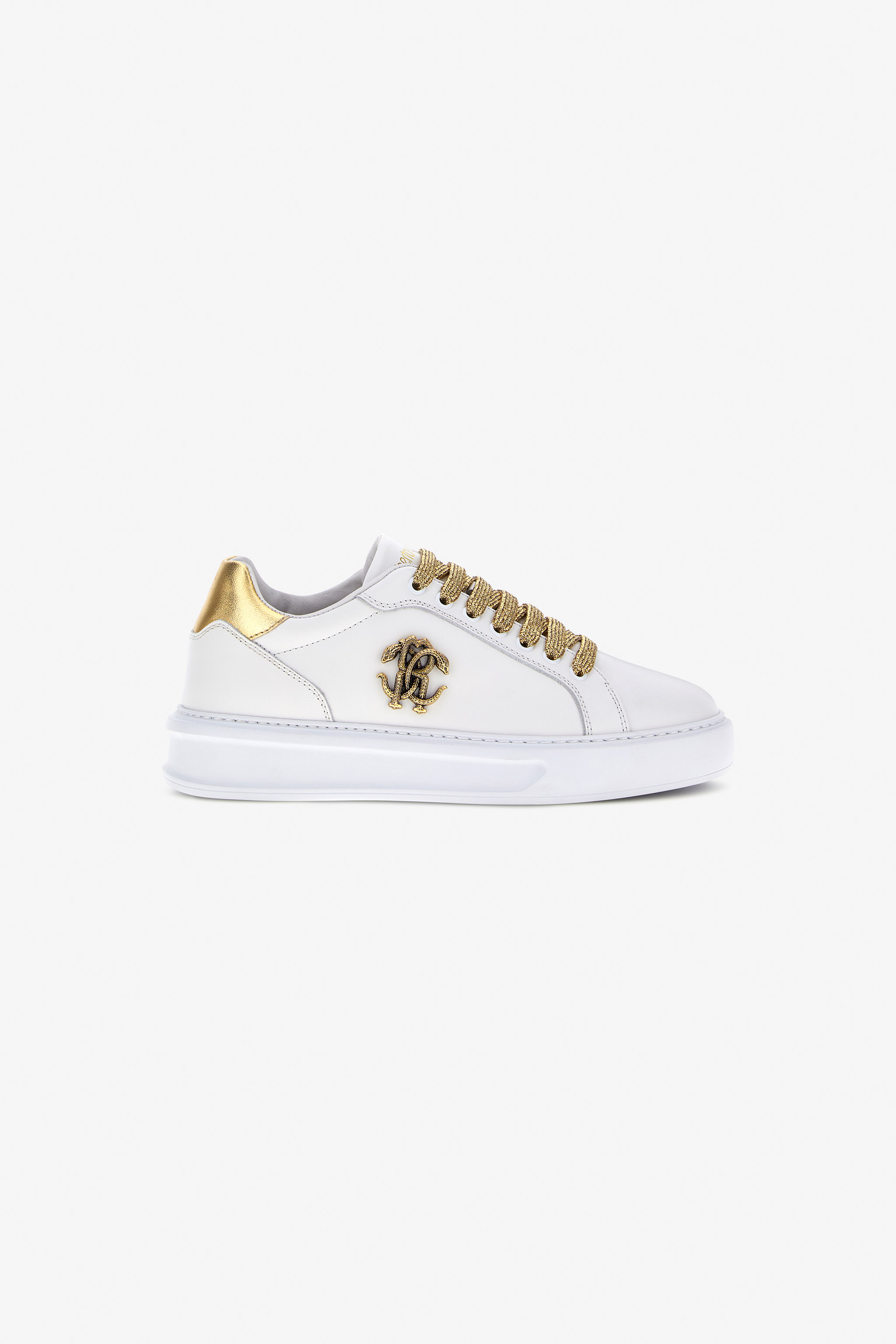 Roberto Cavalli Logo Side Logo Sneakers In White/gold