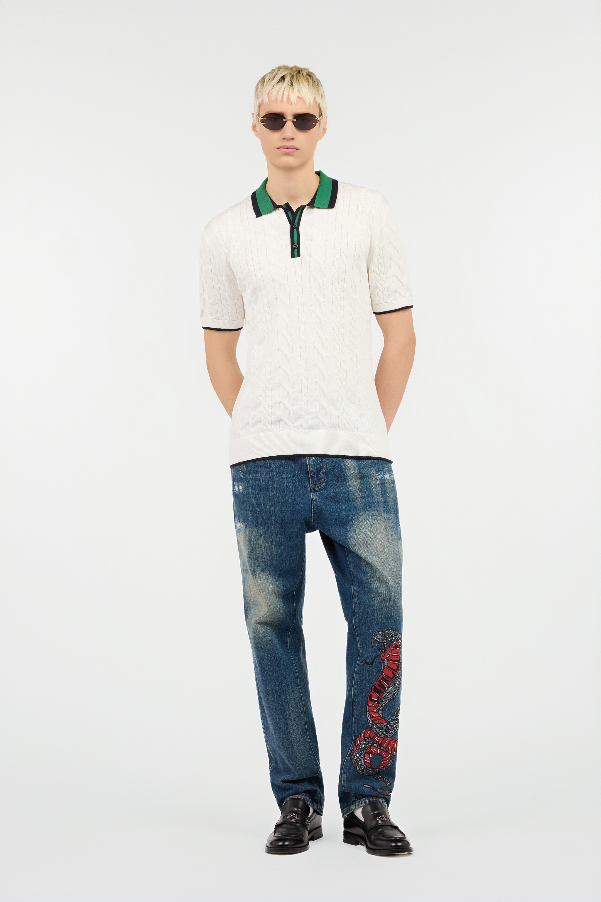White Cable Knit Polo Shirt