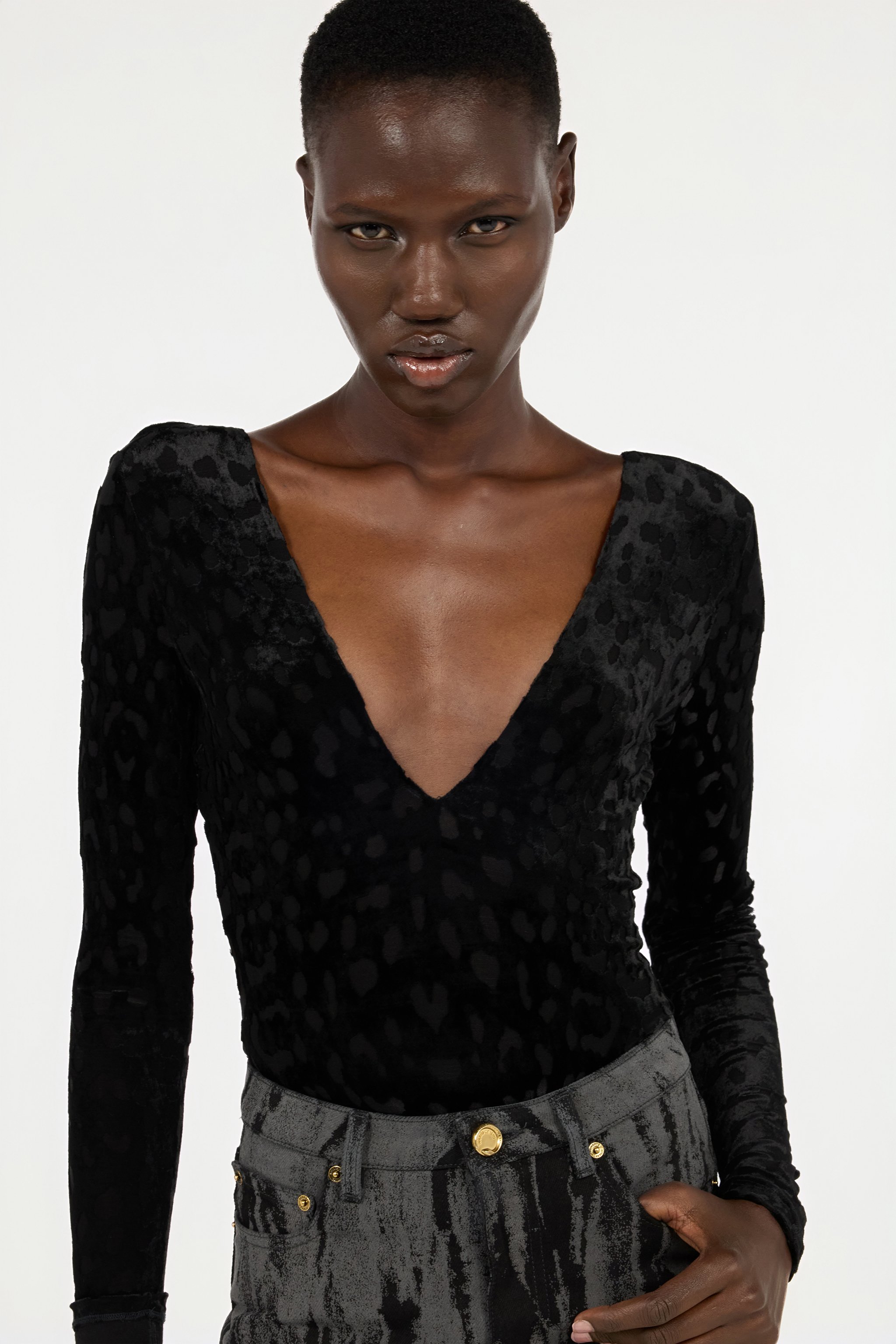 Roberto Cavalli Black Bodysuit With Jaguar Skin Pattern In Black