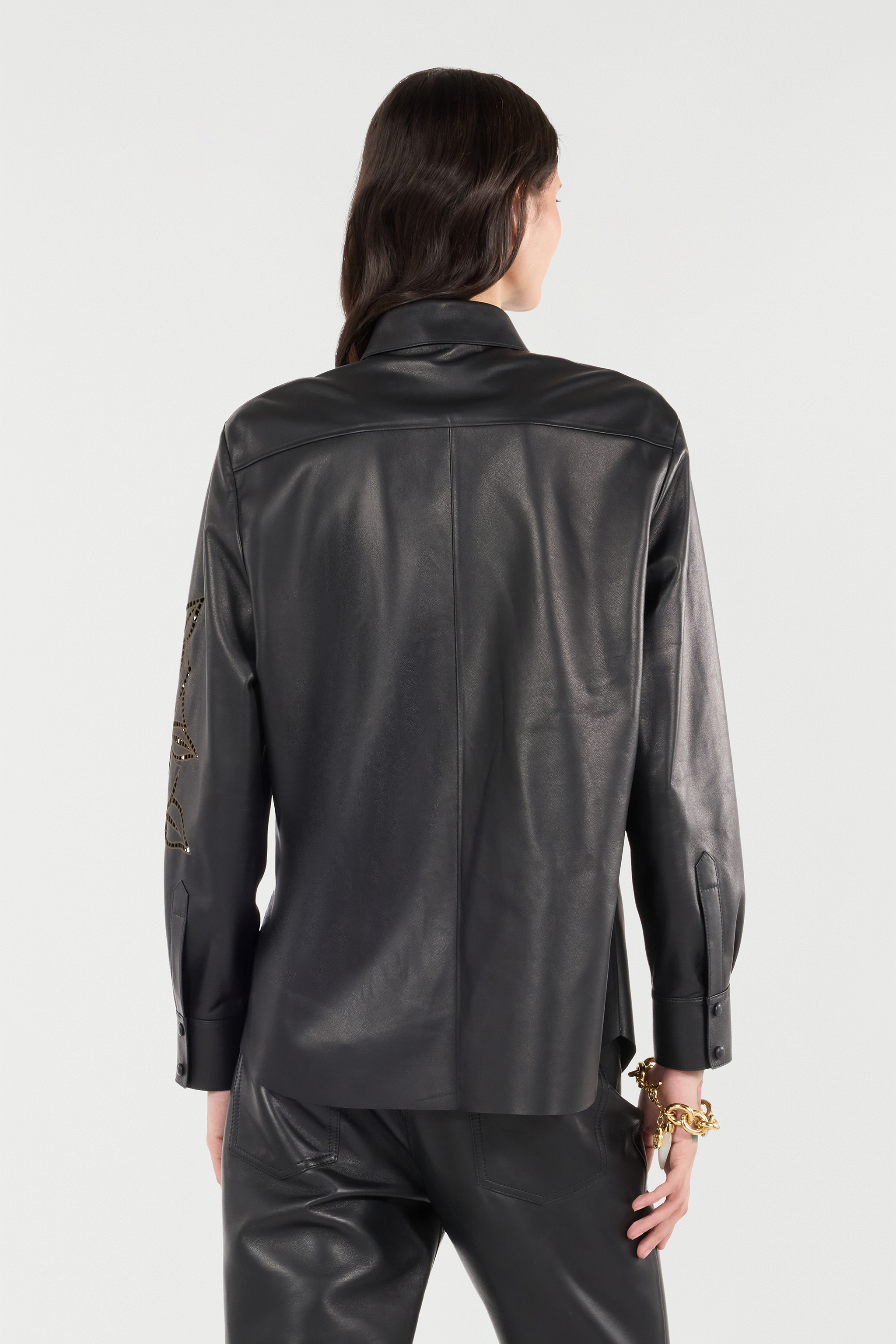 Roberto Cavalli Leather Shirt With Perforated Roses In Black