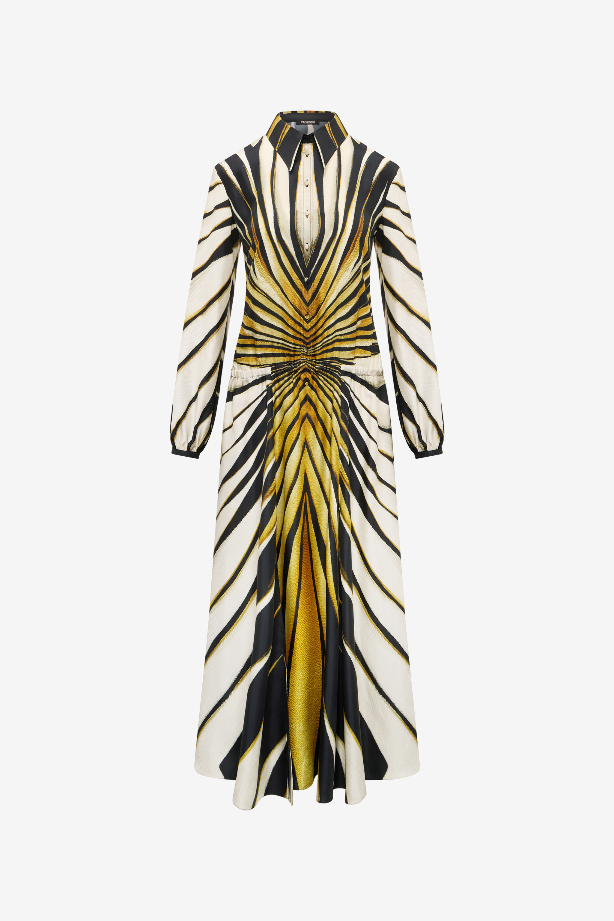 Roberto Cavalli Ray Of Gold Print Silk Shirt Dress In Gold