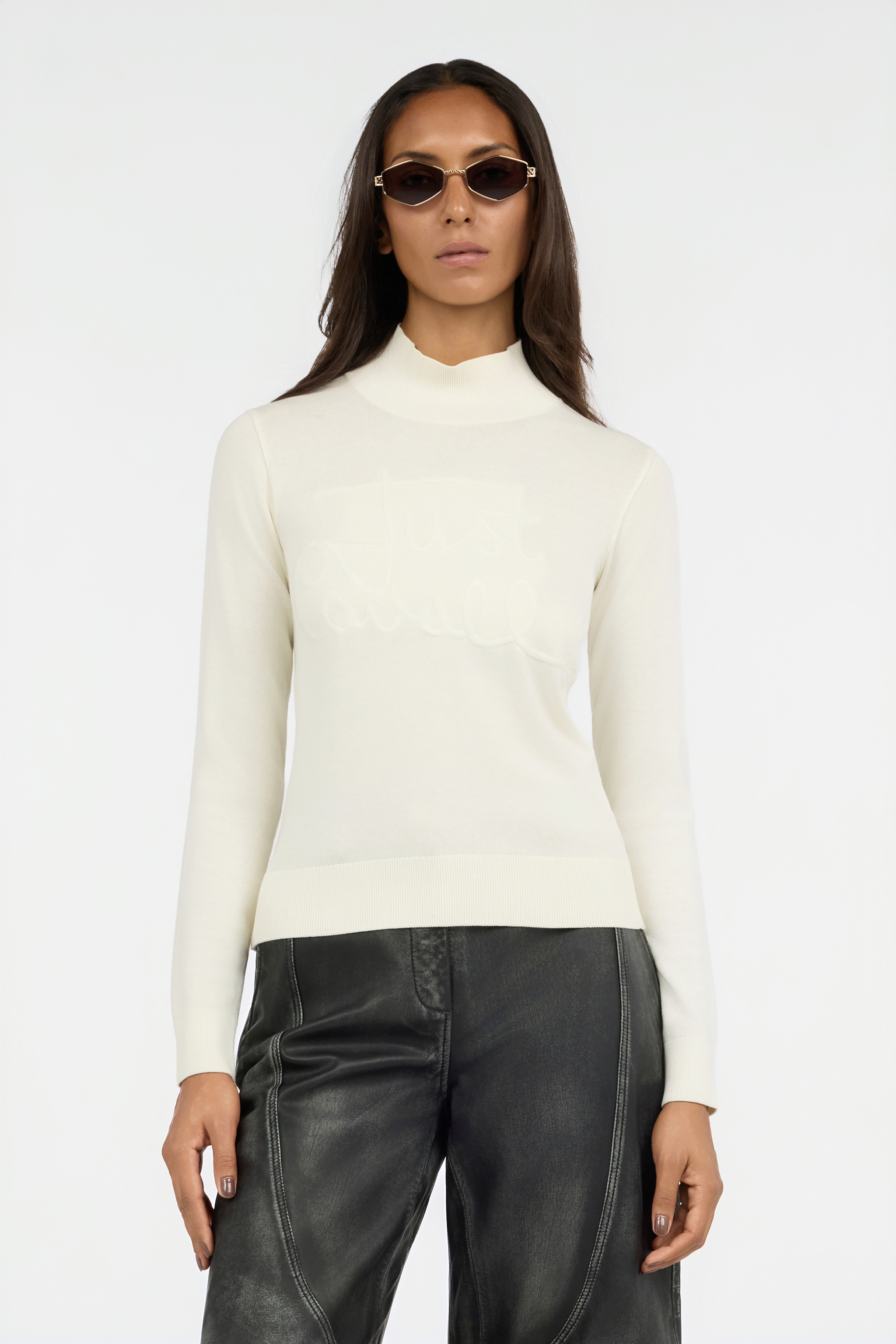Cream High Neck Sweater With Logo Embroidery