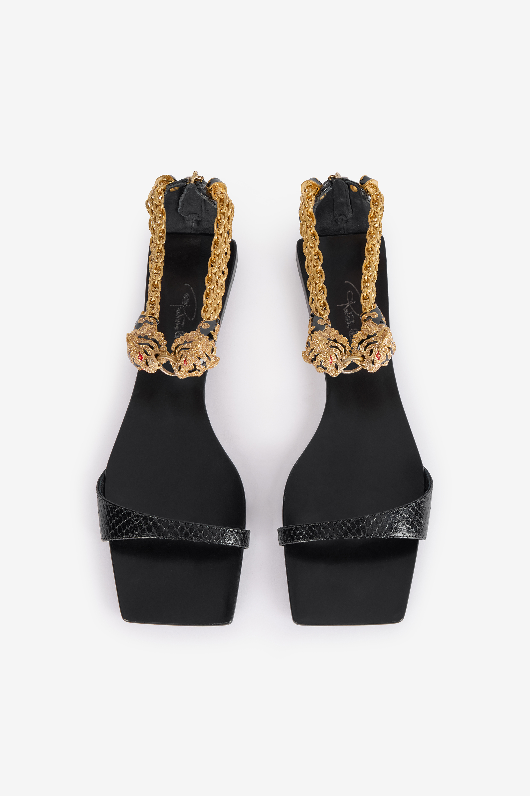 ROBERTO CAVALLI FLACHE SANDALEN MIT SCHMUCKTIGERN UND SCHLANGEN-PPRINT