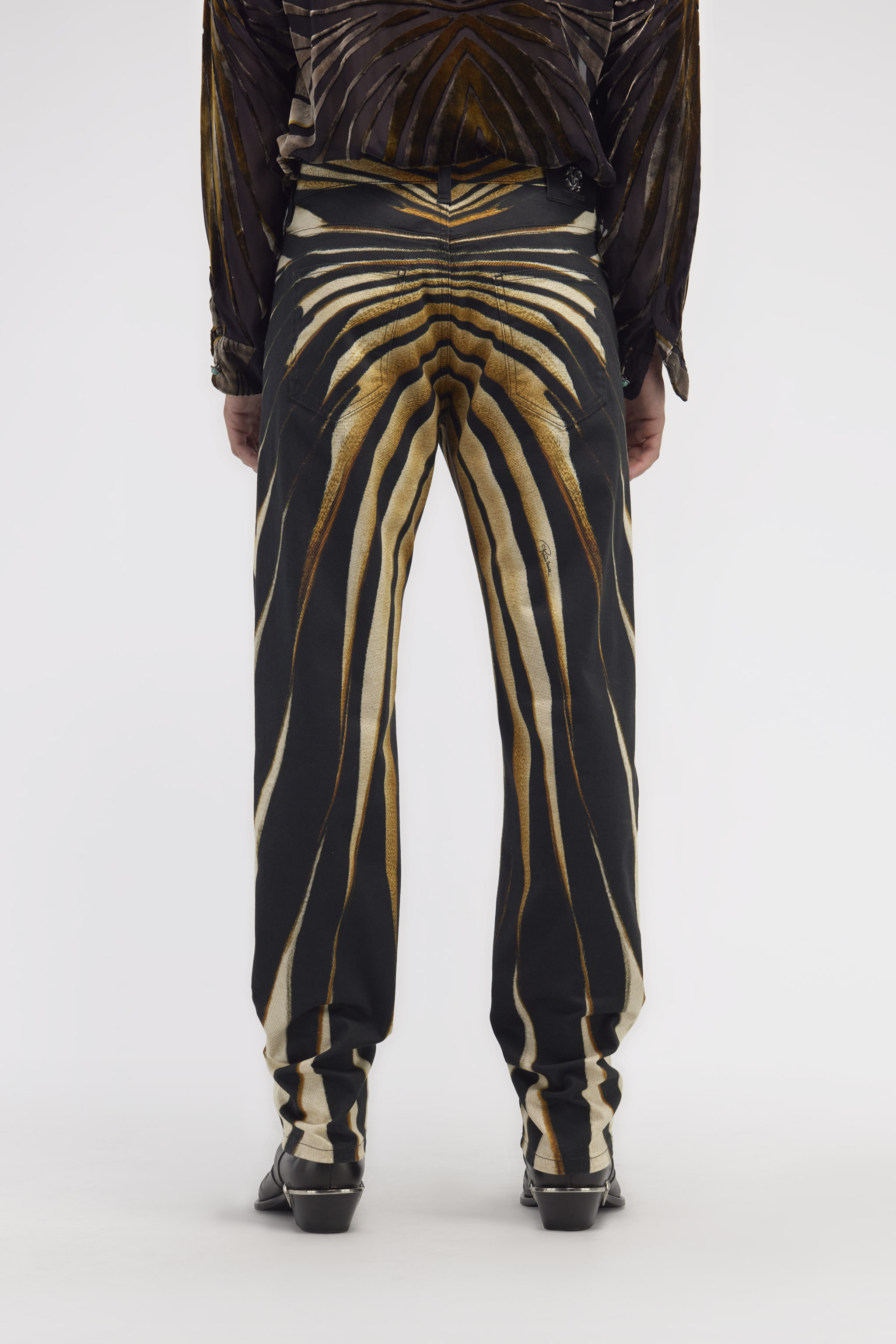 Roberto Cavalli Slim Fit Jeans With Ray Of Gold Print In Gold