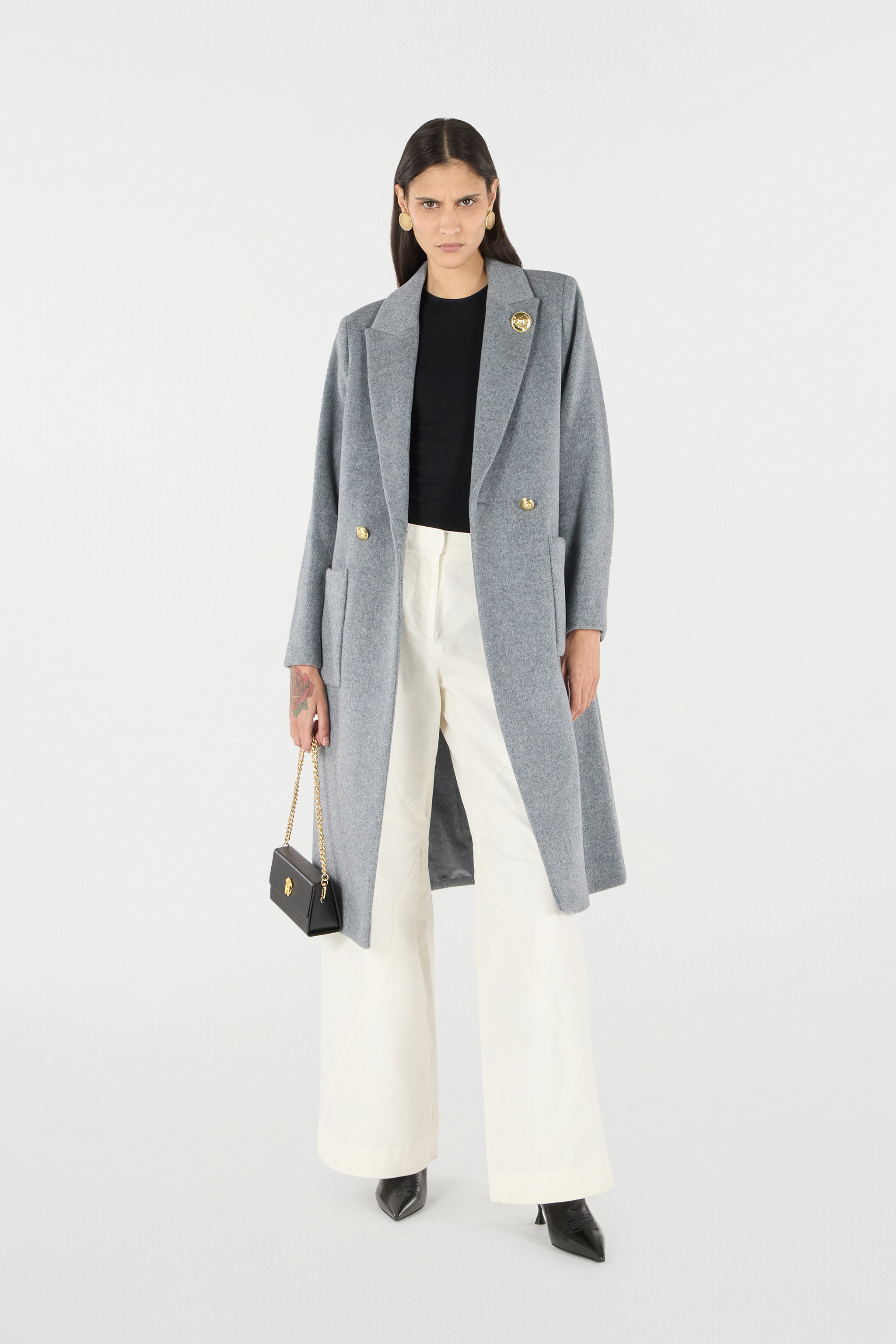 Roberto Cavalli Double-breasted Long Coat In Grey Melange