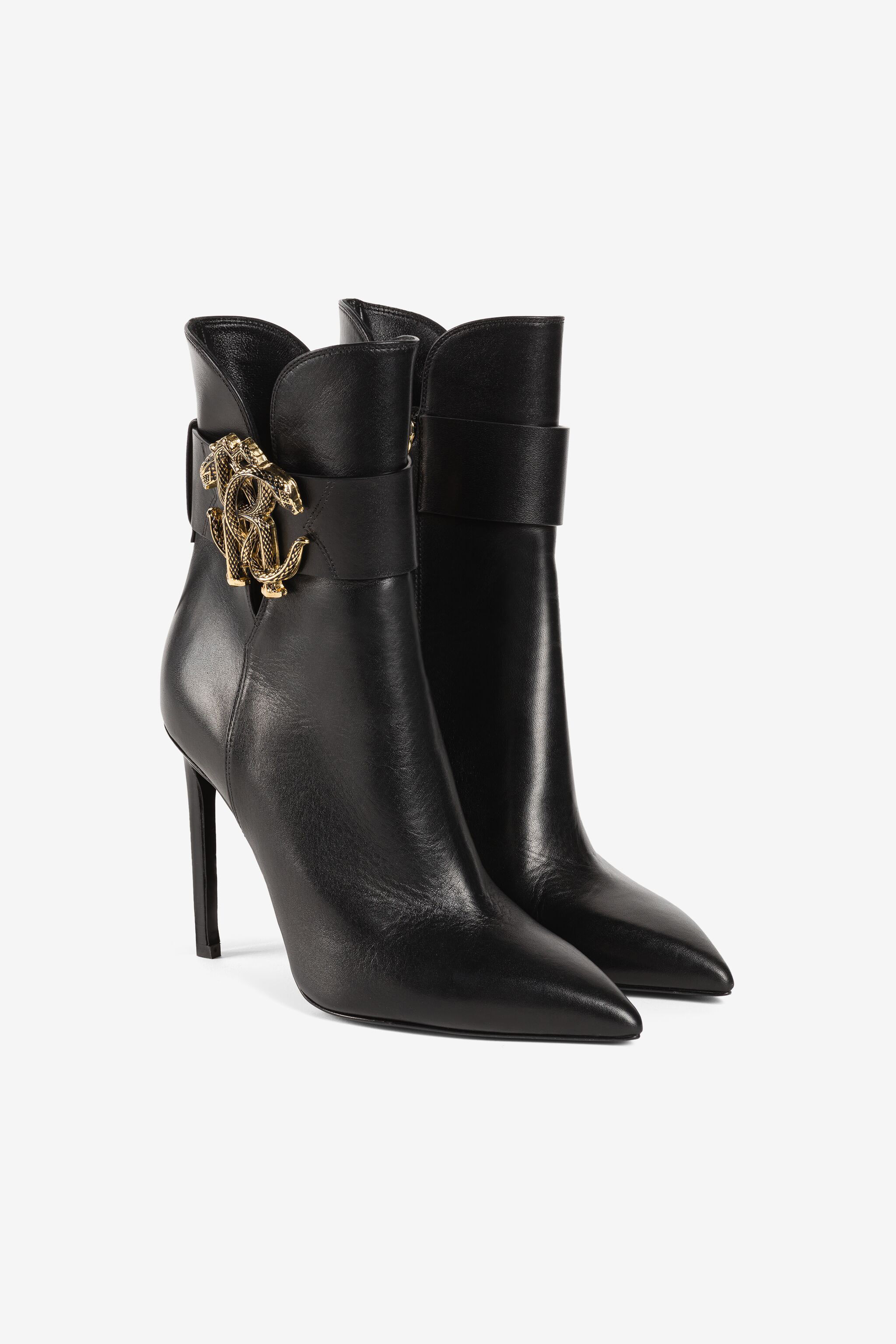 Mirror Snake leather boots in Black/Gold for Women | Roberto Cavalli®