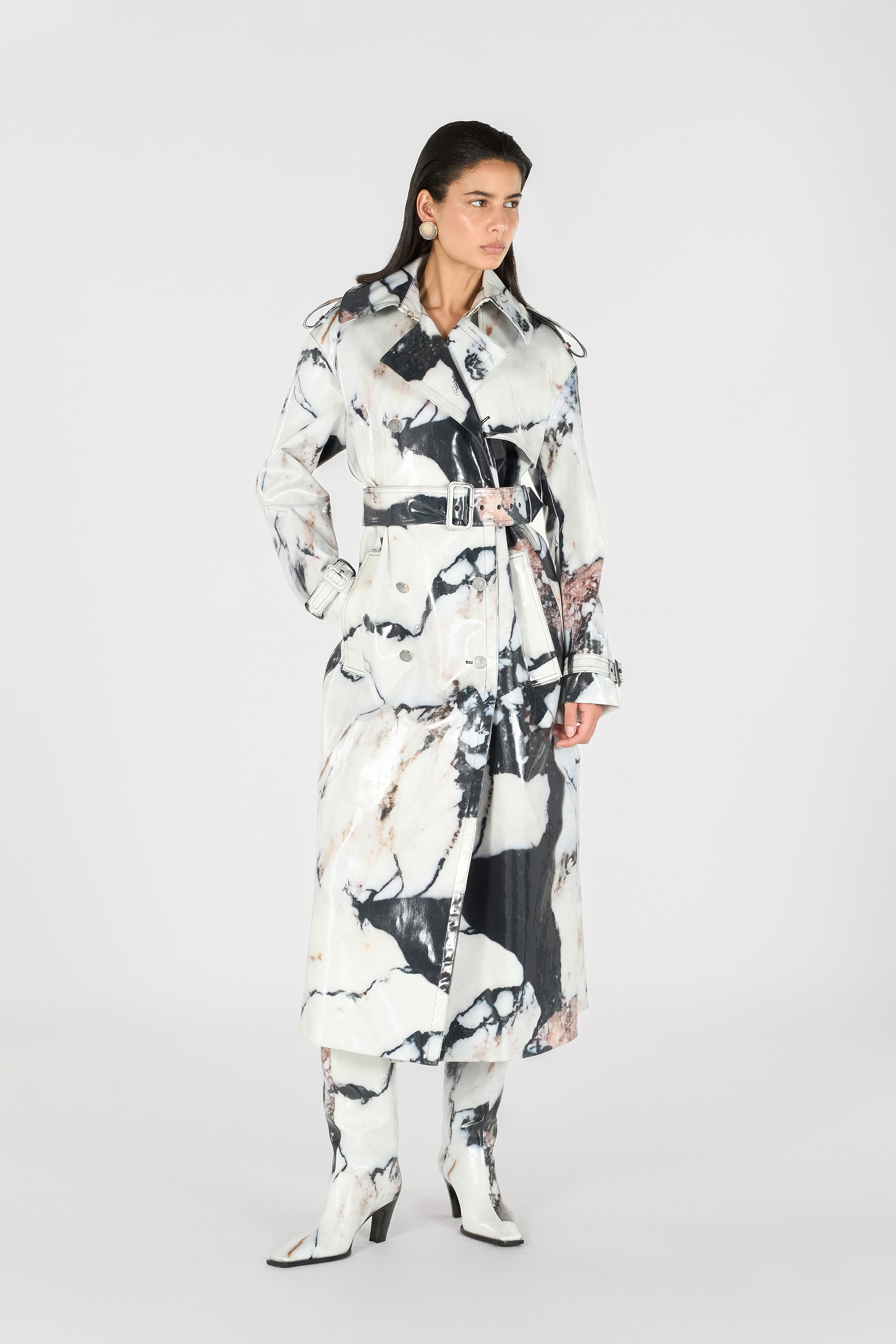 Roberto Cavalli Double-breasted Trench Coat With Marble Print In Black/white