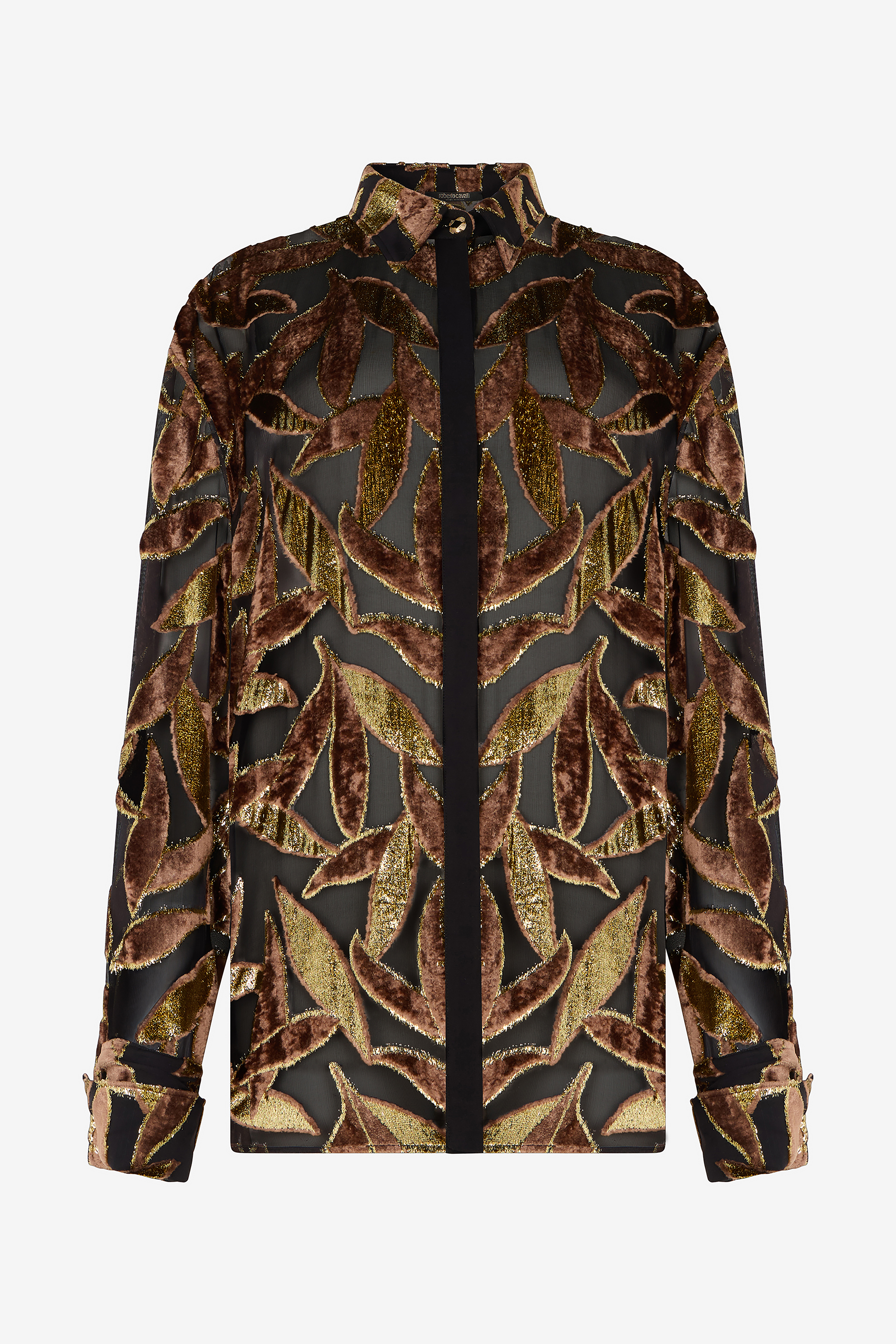 Roberto Cavalli Women's Chocolate Sheer Shirt With Foliage Motif - Chocolate