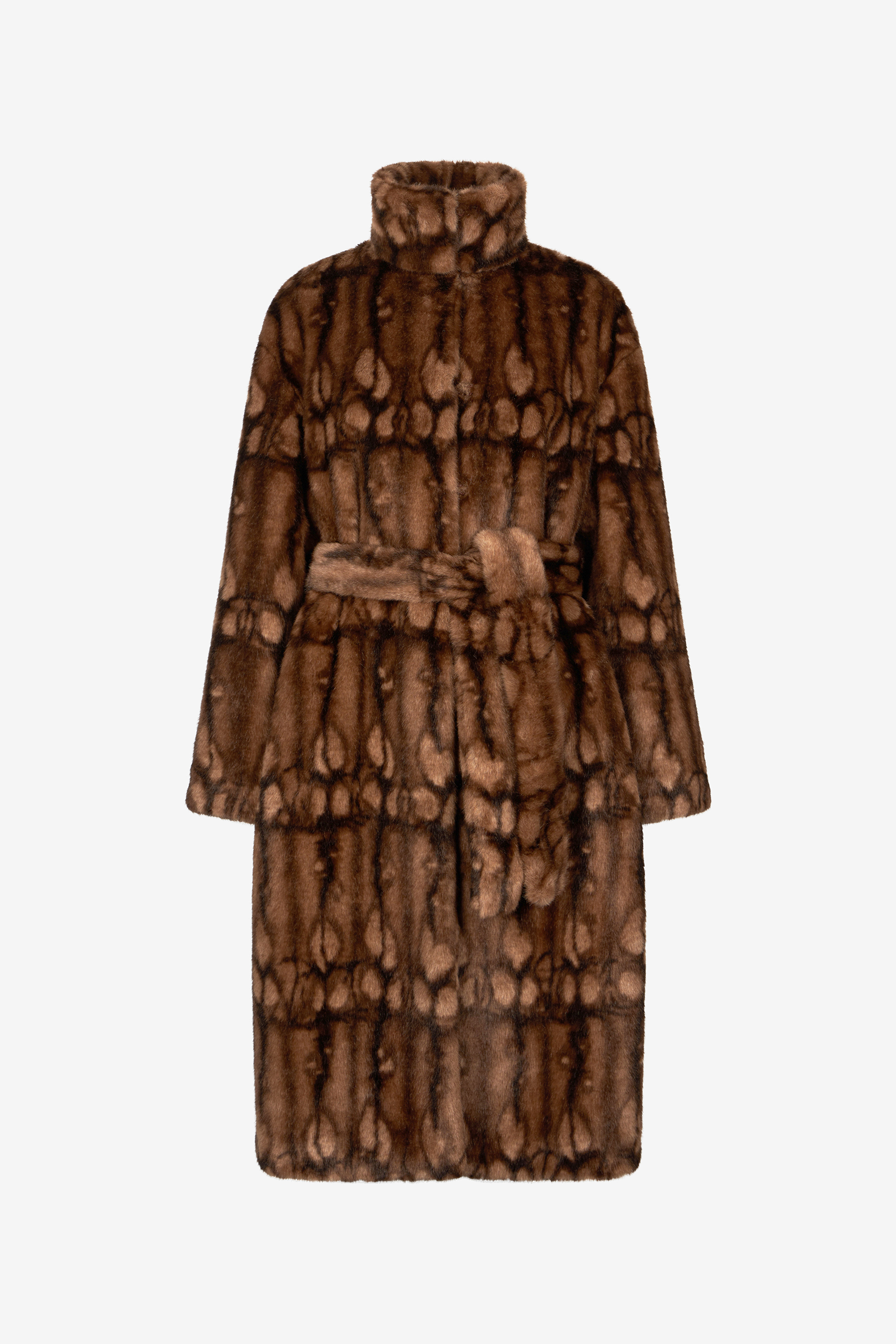 Roberto Cavalli Long Faux Fur Coat With High Collar In Brown