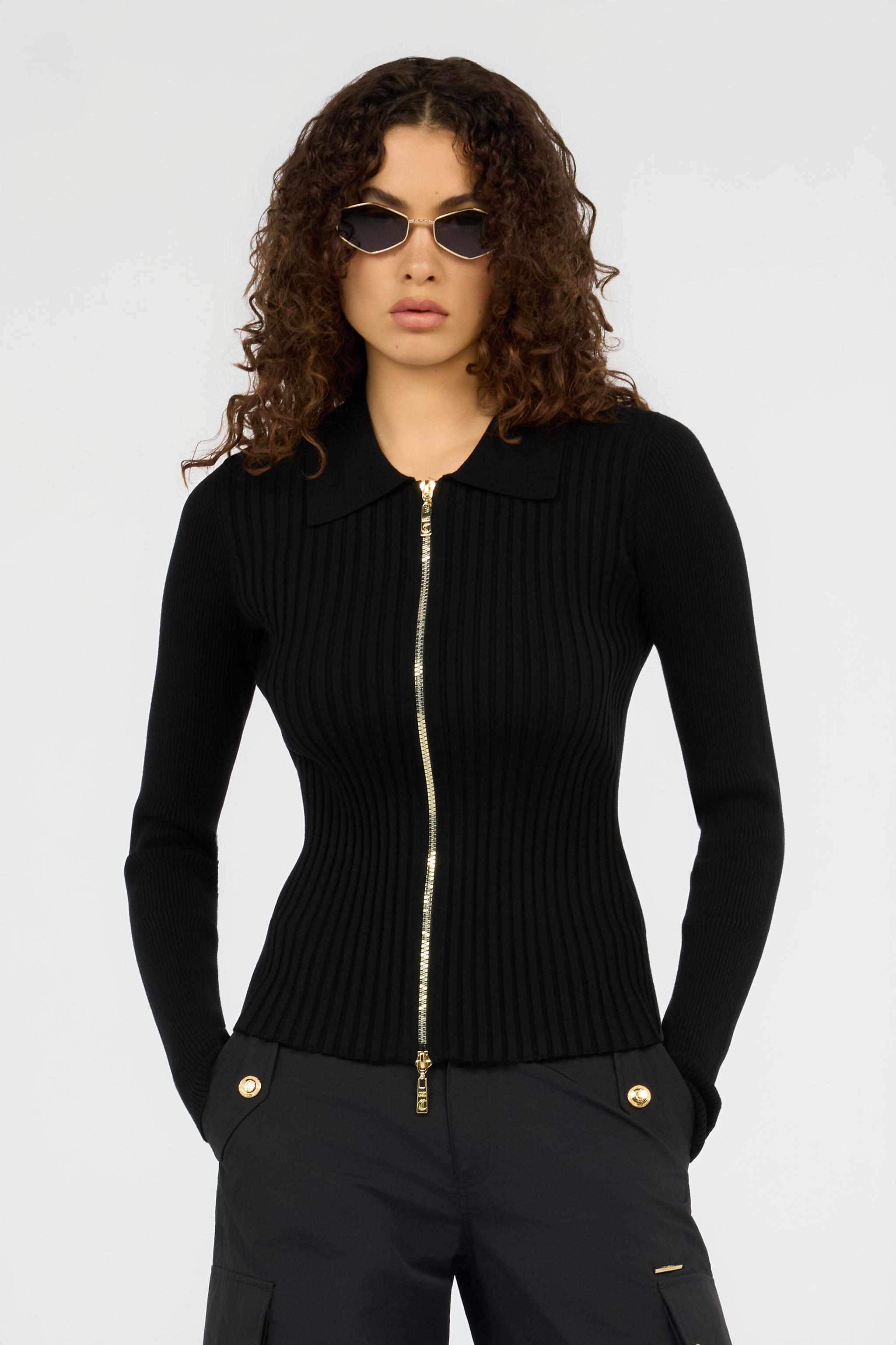 Black Ribbed Zip-Up Sweater
