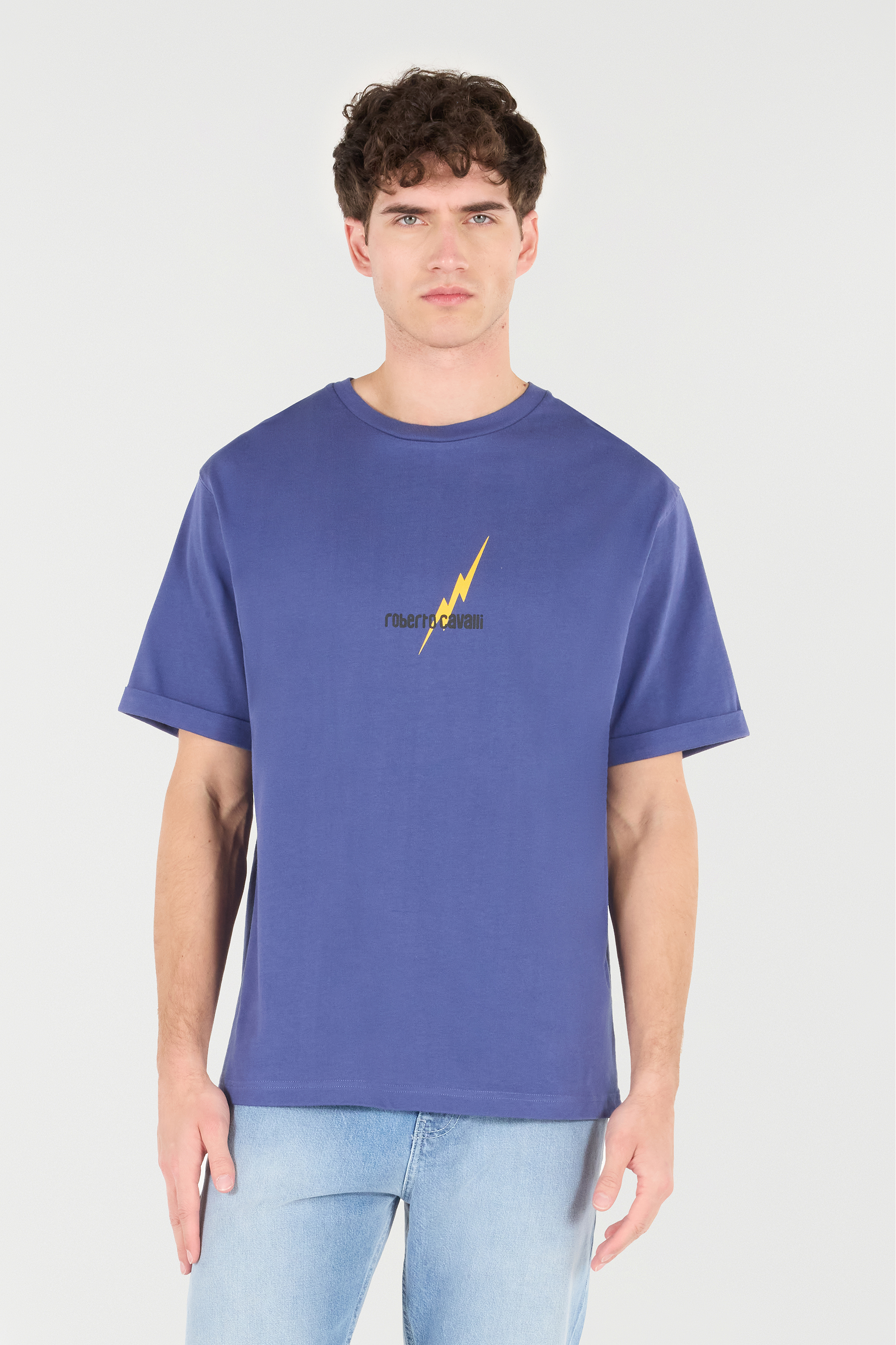 Shop Roberto Cavalli T-shirt Mit Print Und Logo In Navy