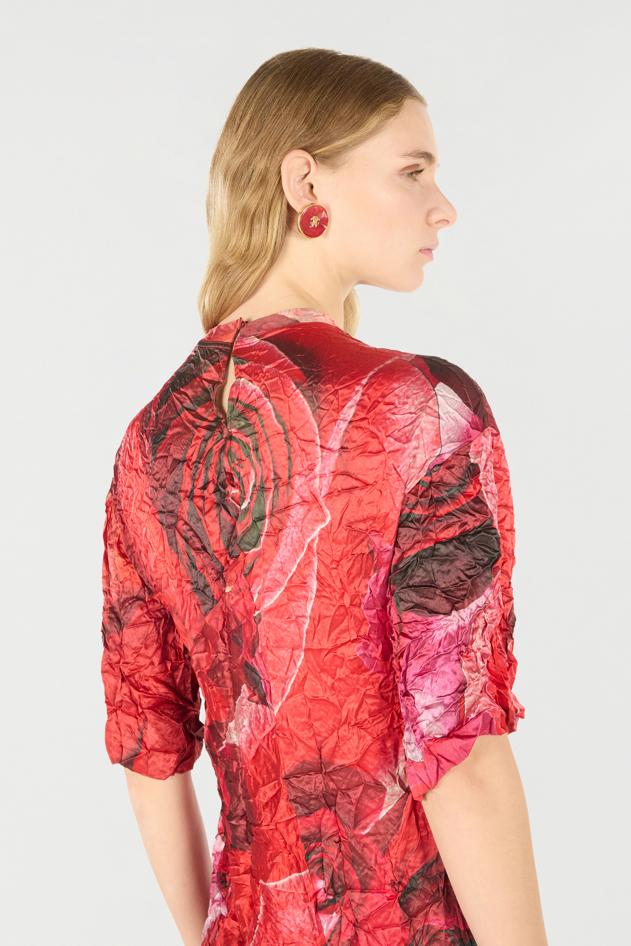 Roberto Cavalli Crinkled Asymmetric Dress With Rose Print In Red