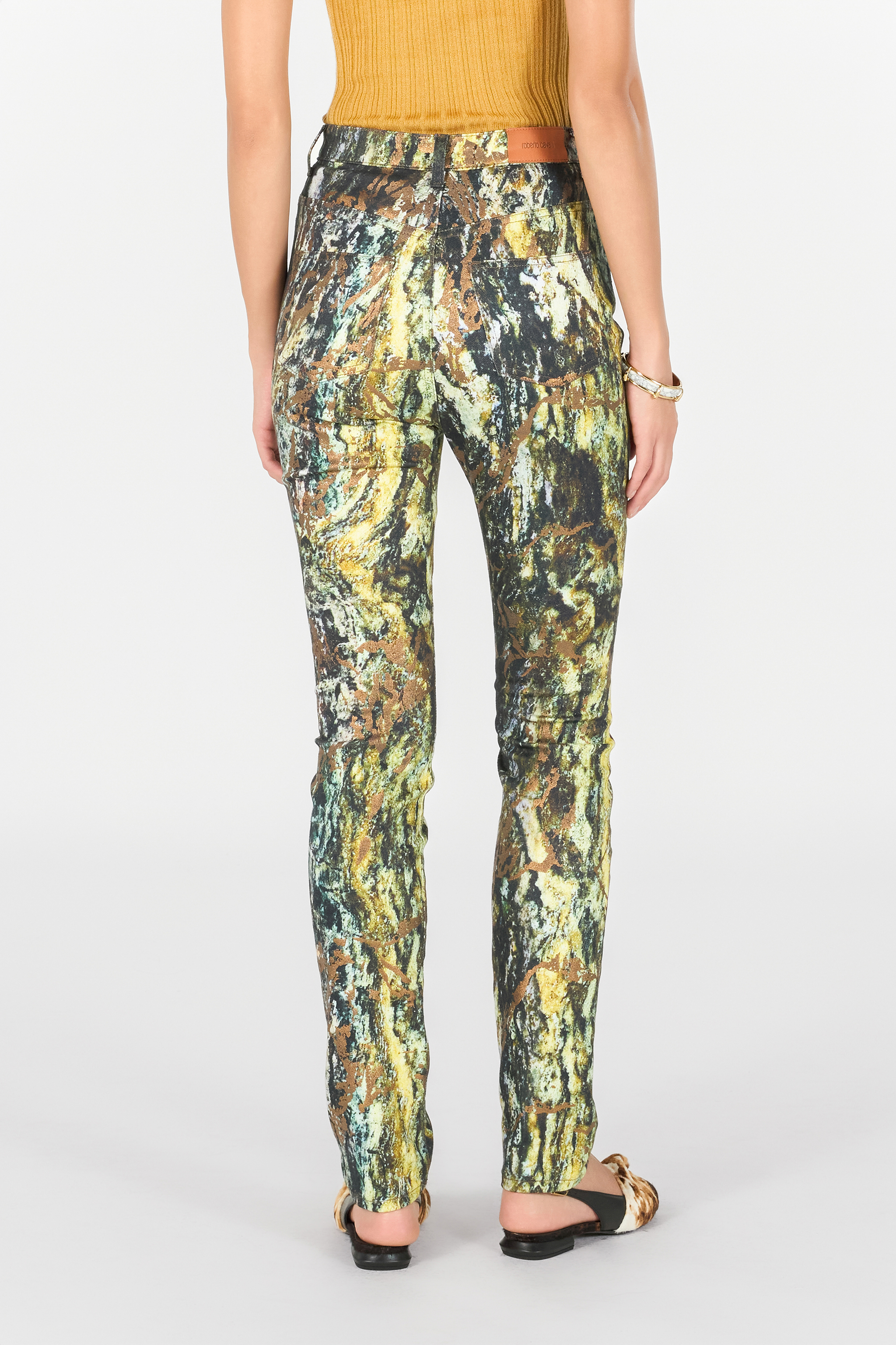 Roberto Cavalli Skinny Trousers With Marble Print In Dark Green