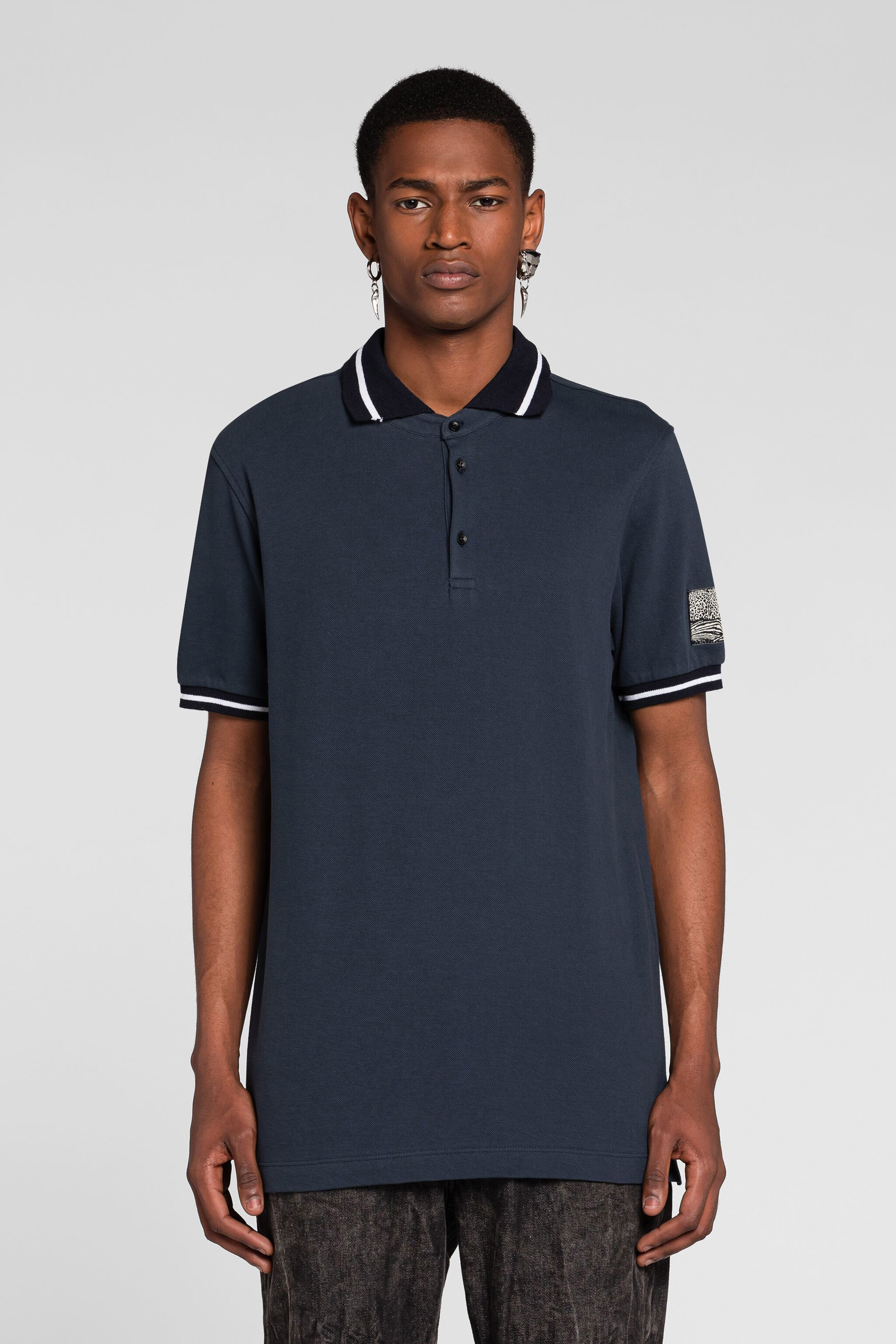  Roberto Cavalli Animalier Patchwork-print Appliqué Polo Shirt - Male T-shirts And Polos Dark Blue Xl 