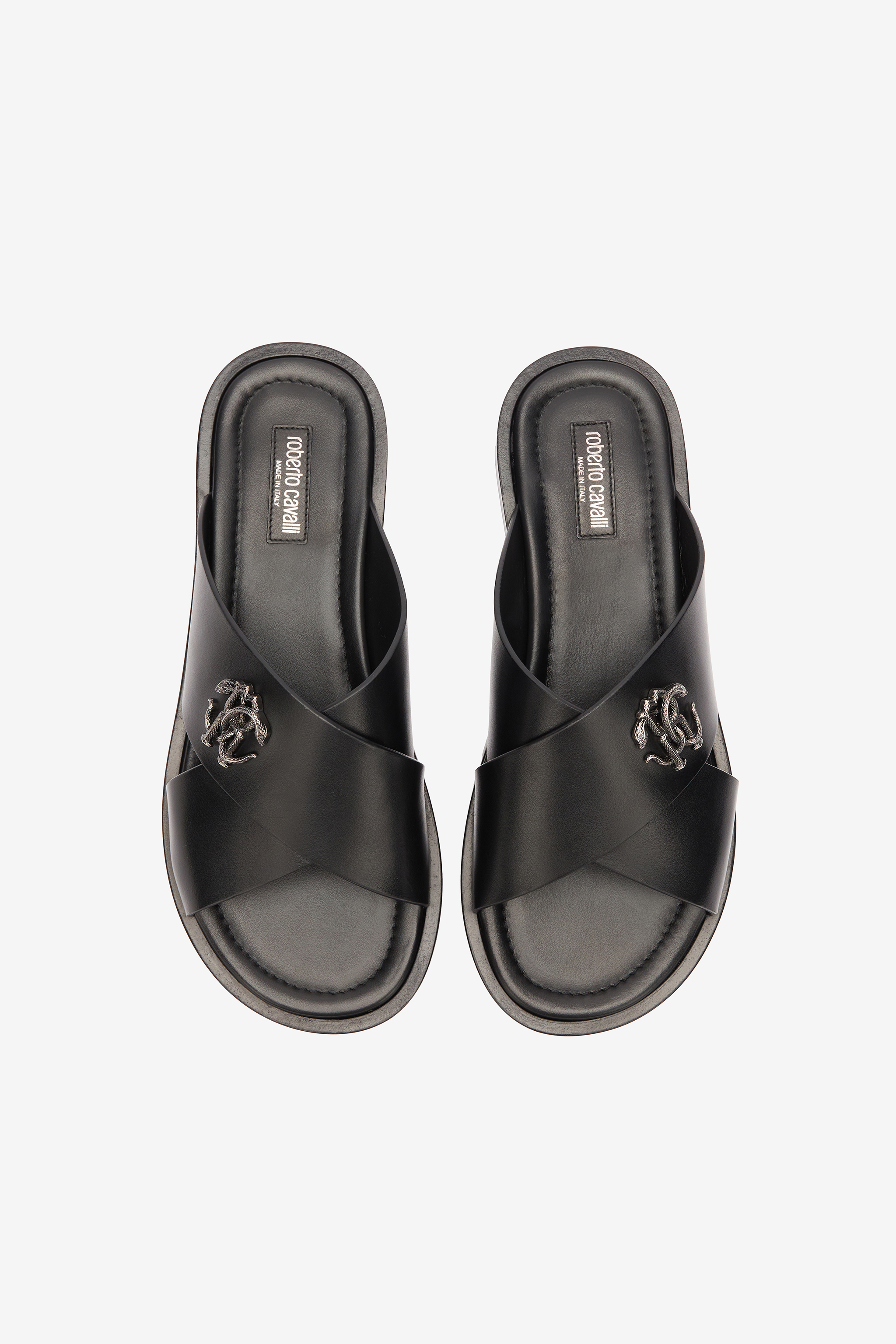 Roberto Cavalli Slides With Straps And Monogram Mirror Snake In Black