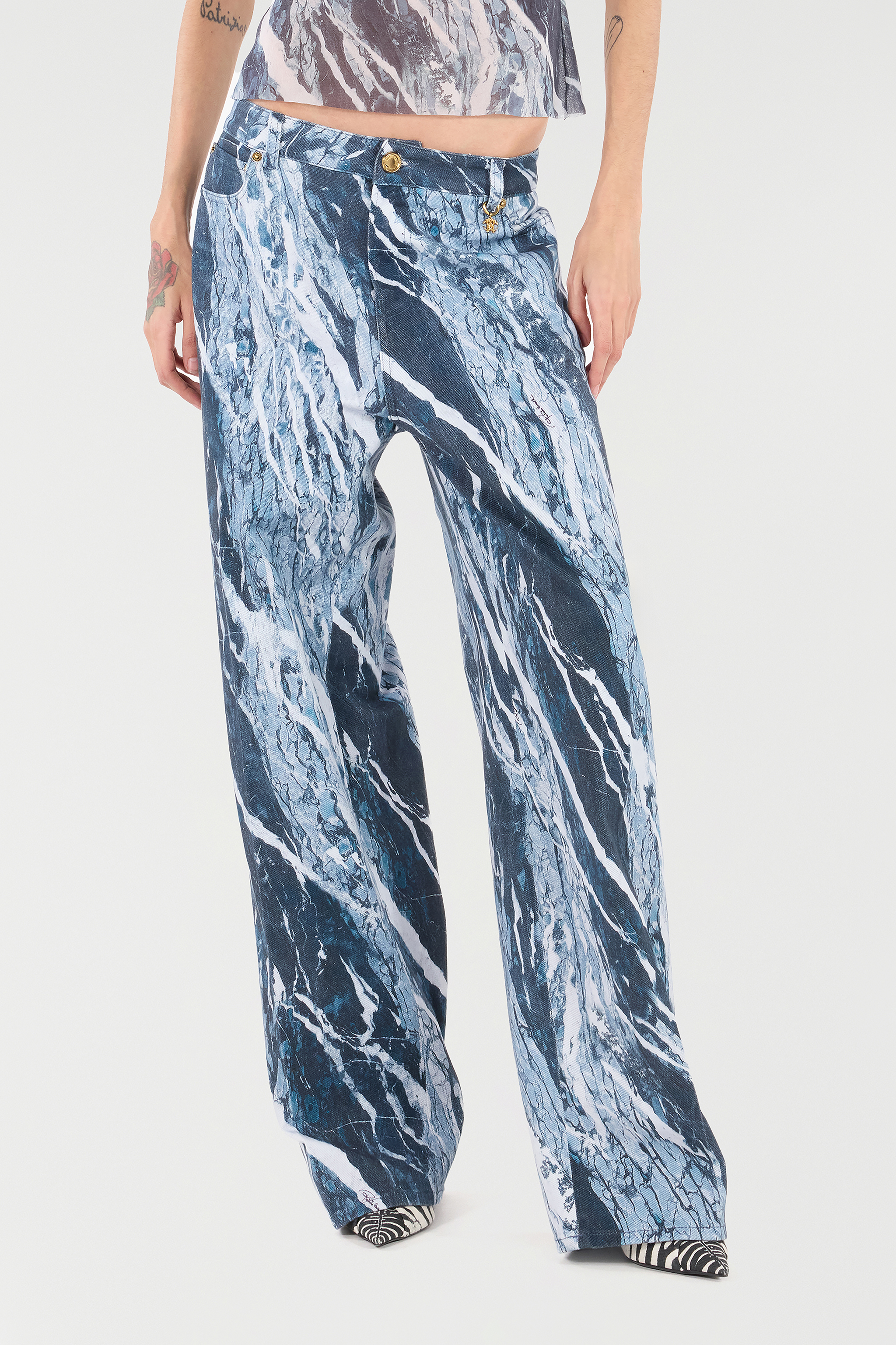 Roberto Cavalli Marble-print Wide-leg Jeans In Blue
