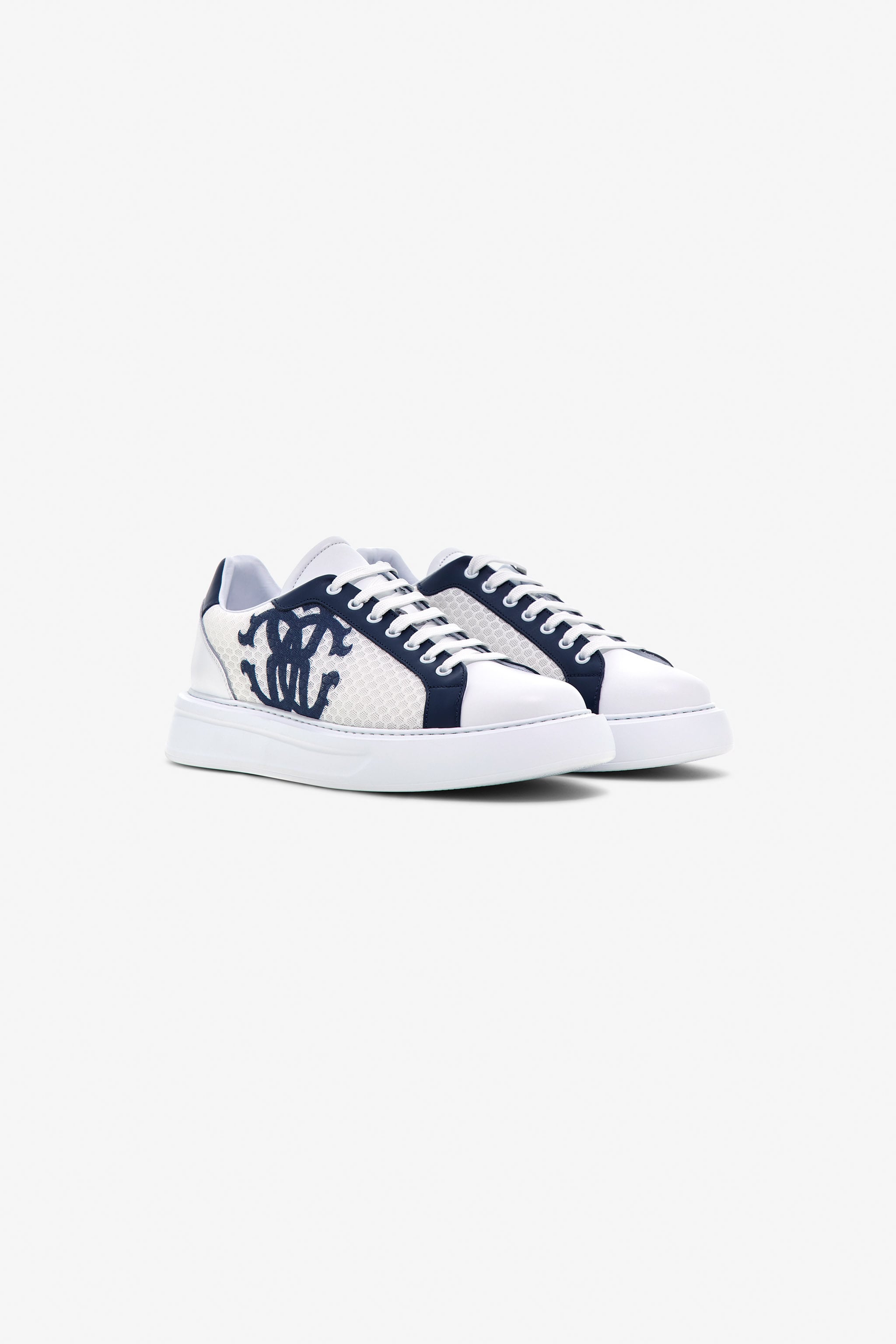 Leather Sneakers with Logo in WHITE/NAVY for Men | Roberto Cavalli®