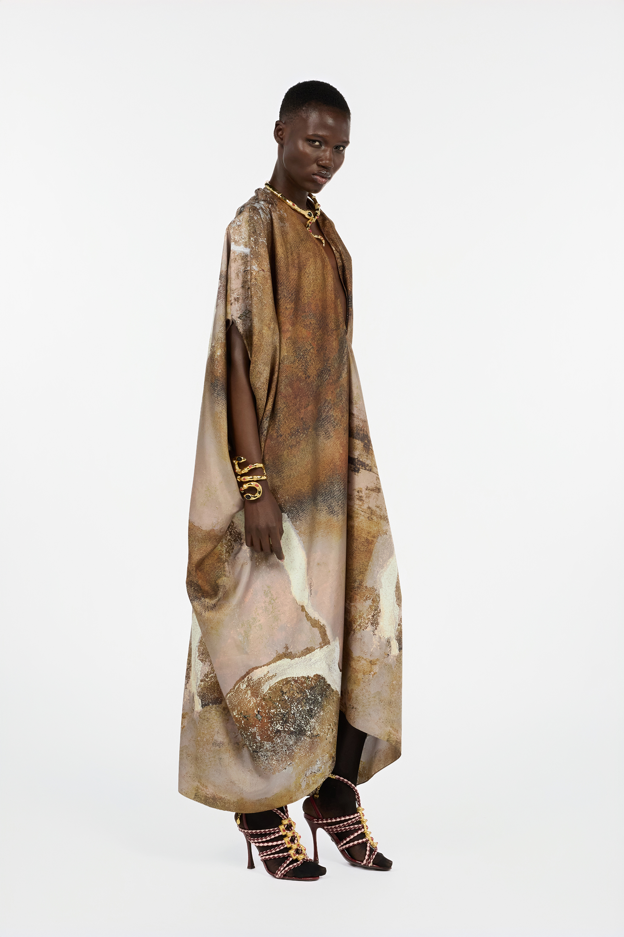 Beige Silk Caftan With Marble Print