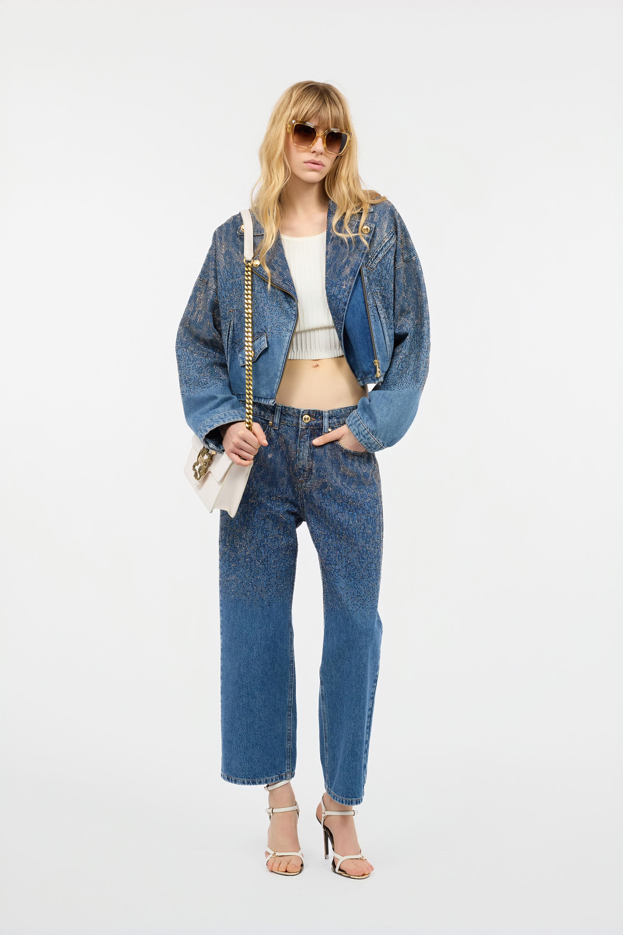 Denim Culotte Jeans With Rhinestones