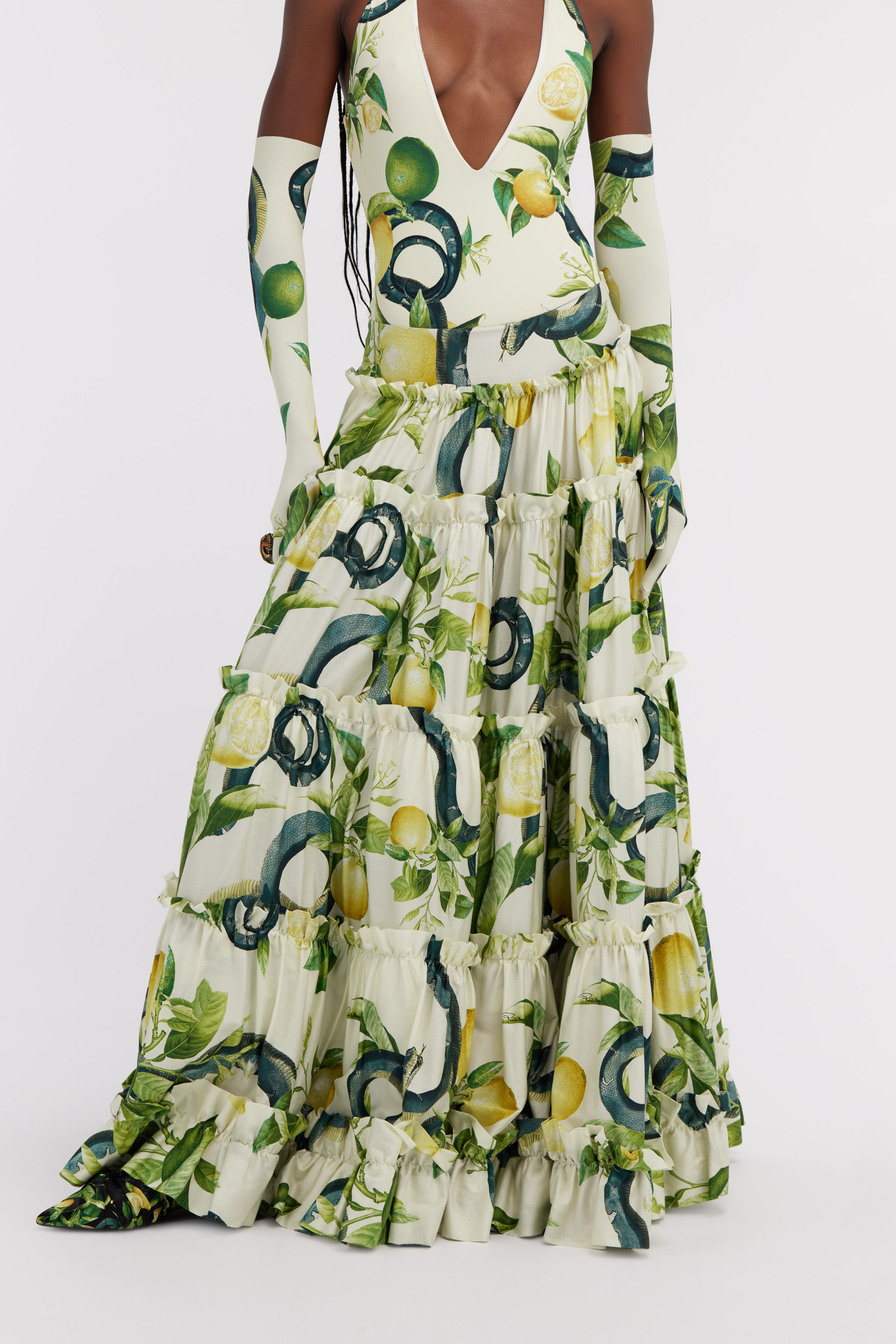 Roberto Cavalli Lemon-print Maxi Full Skirt In Ivory