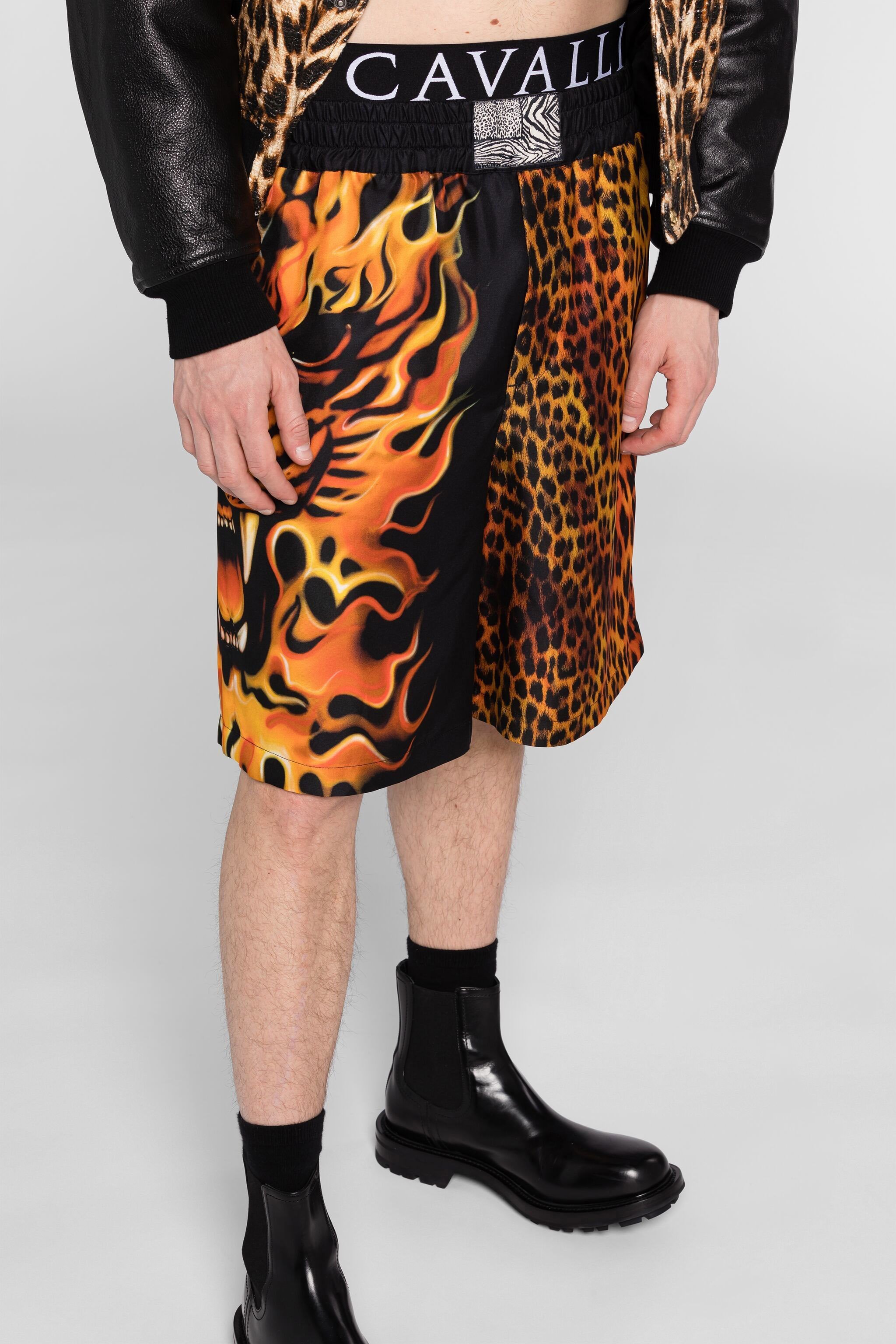 Flame Lion-Print Silk Shorts