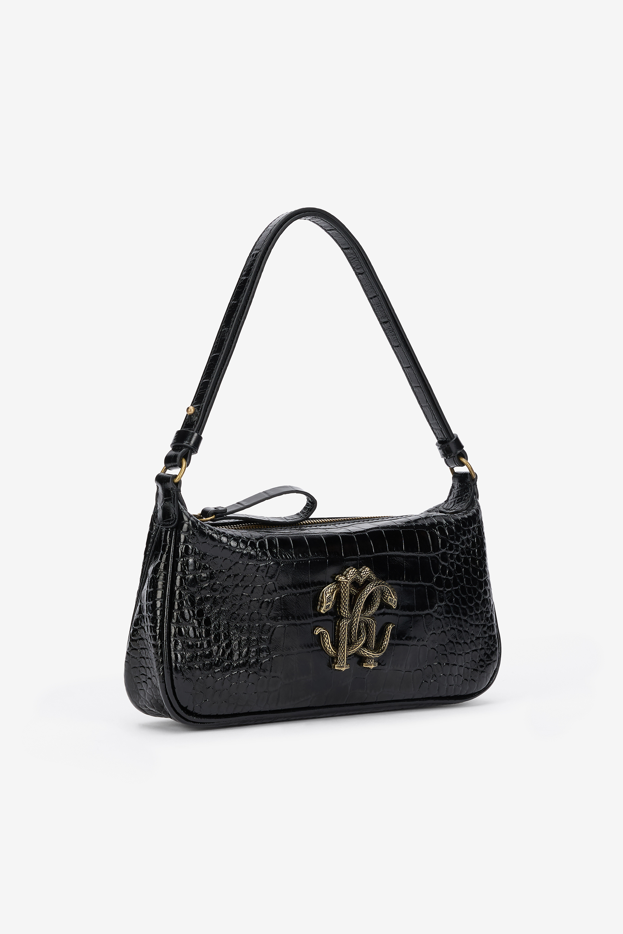 Roberto Cavalli Black Croc-effect Shoulder Bag With Mirror Snake Monogram In Black