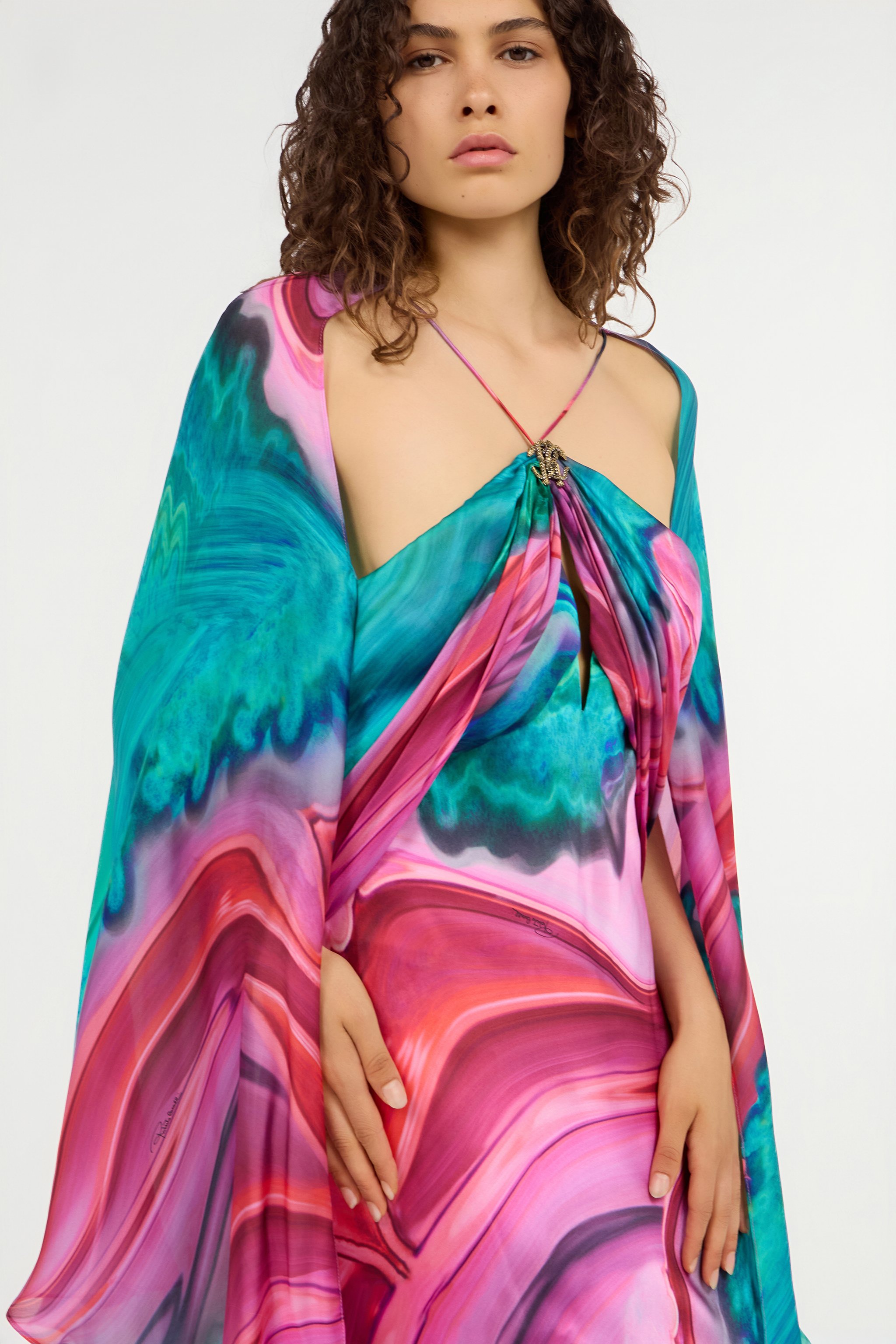 Long silk dress with cut-out and multicolor marble print