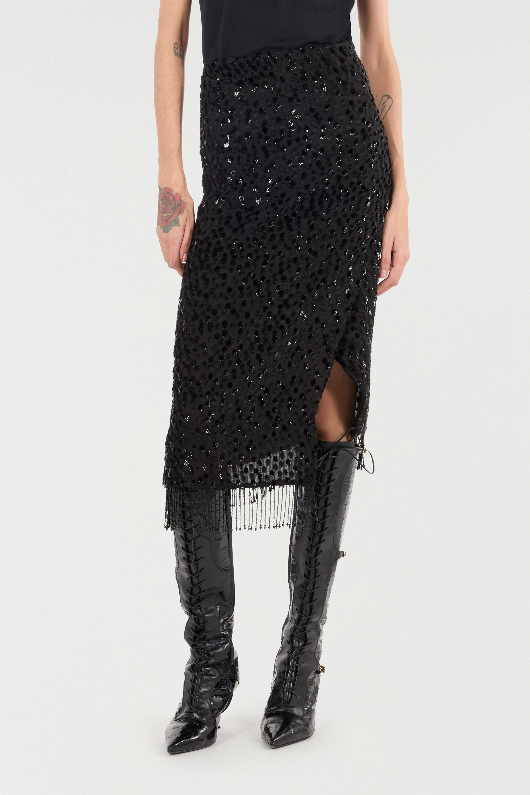 Roberto Cavalli Fringe-detail Sequined Skirt In Black